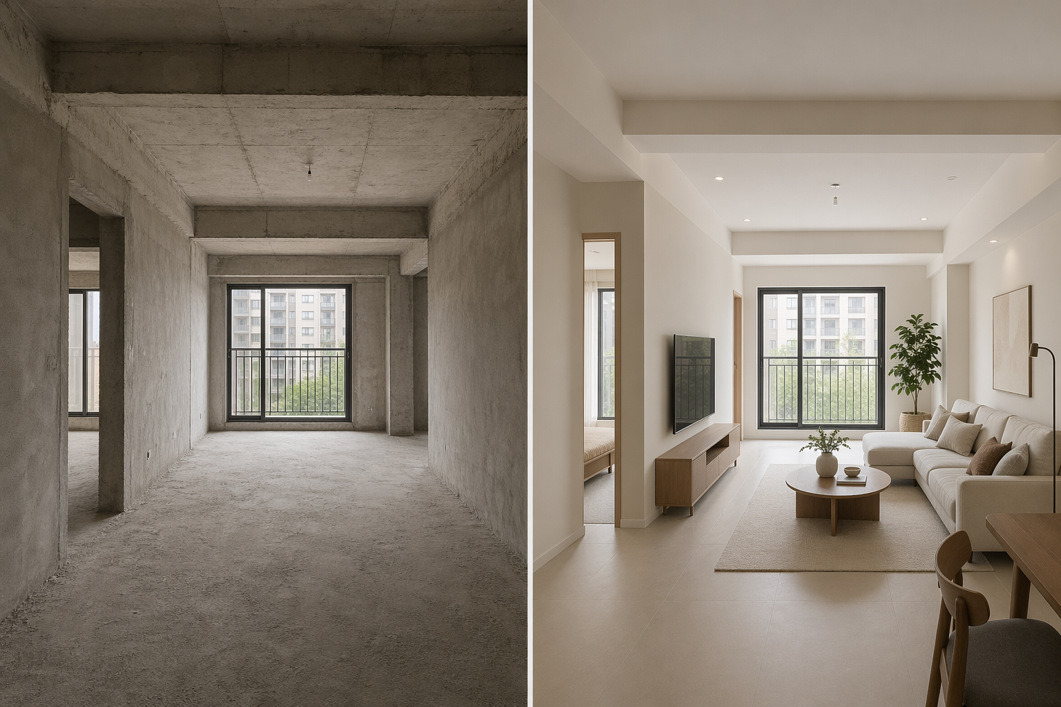 同一户型客厅前后对比，左侧毛坯房水泥墙裸梁，右侧现代奶油风完成效果保留门洞窗位和梁柱位置