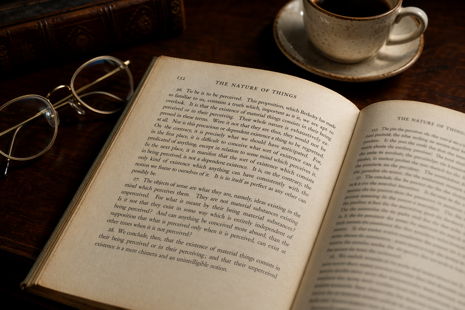 一本打开的英文旧书特写，书页密集英文排版