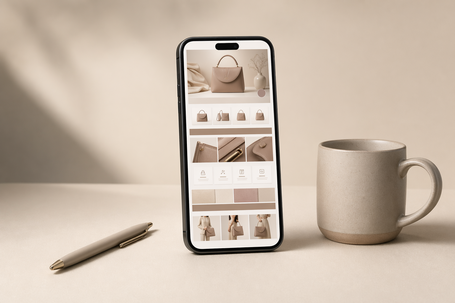 商业摄影棚光下,桌面上的手机屏幕正在滚动浏览一张电商详情页长图的预览,手机侧边有笔和陶瓷马克杯