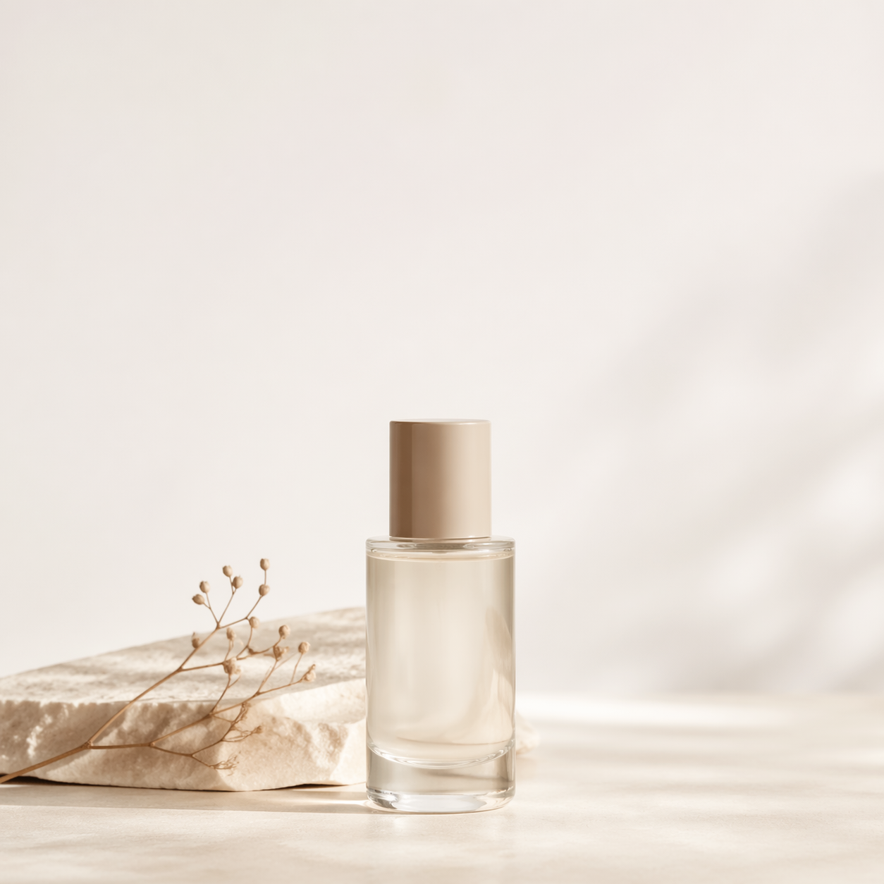 白底电商详情页封面段示意:米色渐变背景中心摆一只护肤玻璃瓶,顶部留白 25% 给版式位,柔光侧光