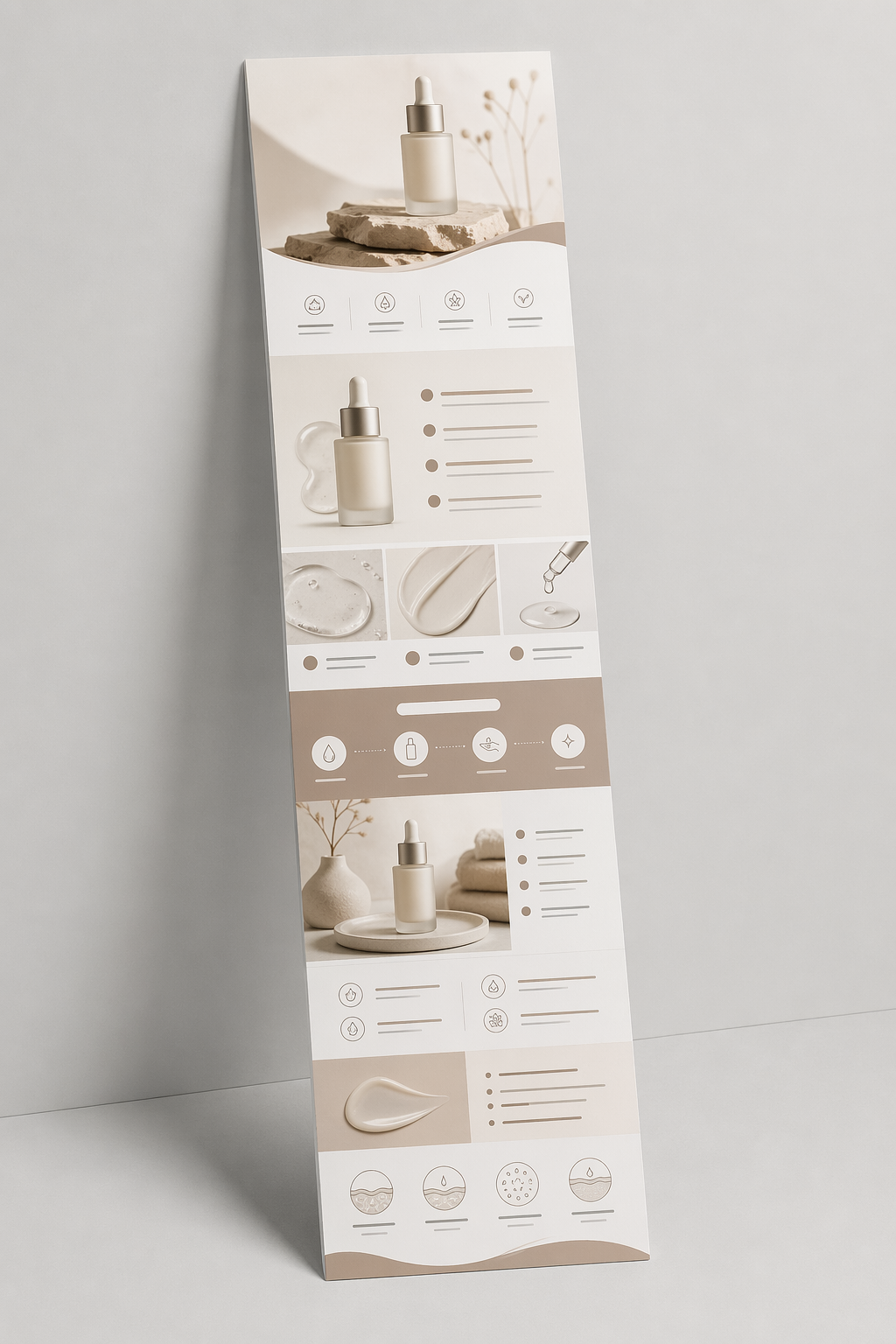 浅灰桌面背景上立起一张细长竖版电商详情页打印稿,稿内可见封面/卖点/细节/使用场景/规格若干分隔段,整体米白配单一品牌色,俯视小角度拍摄