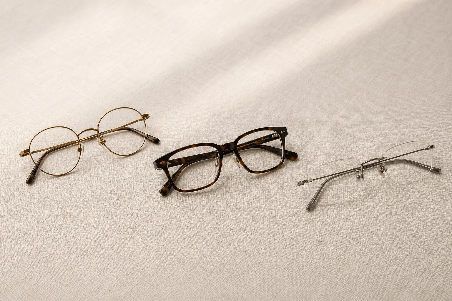 三副不同款式眼镜并排平铺亚麻桌面：金属圆框、板材方框、钛架细边