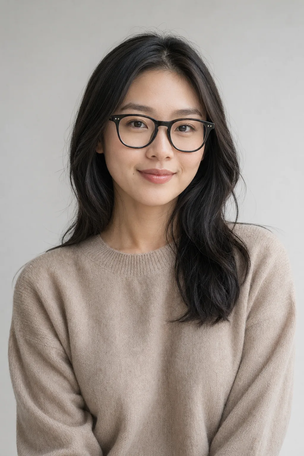 模特佩戴板材黑框眼镜半身正面照，自然光柔和侧光，米色针织衫