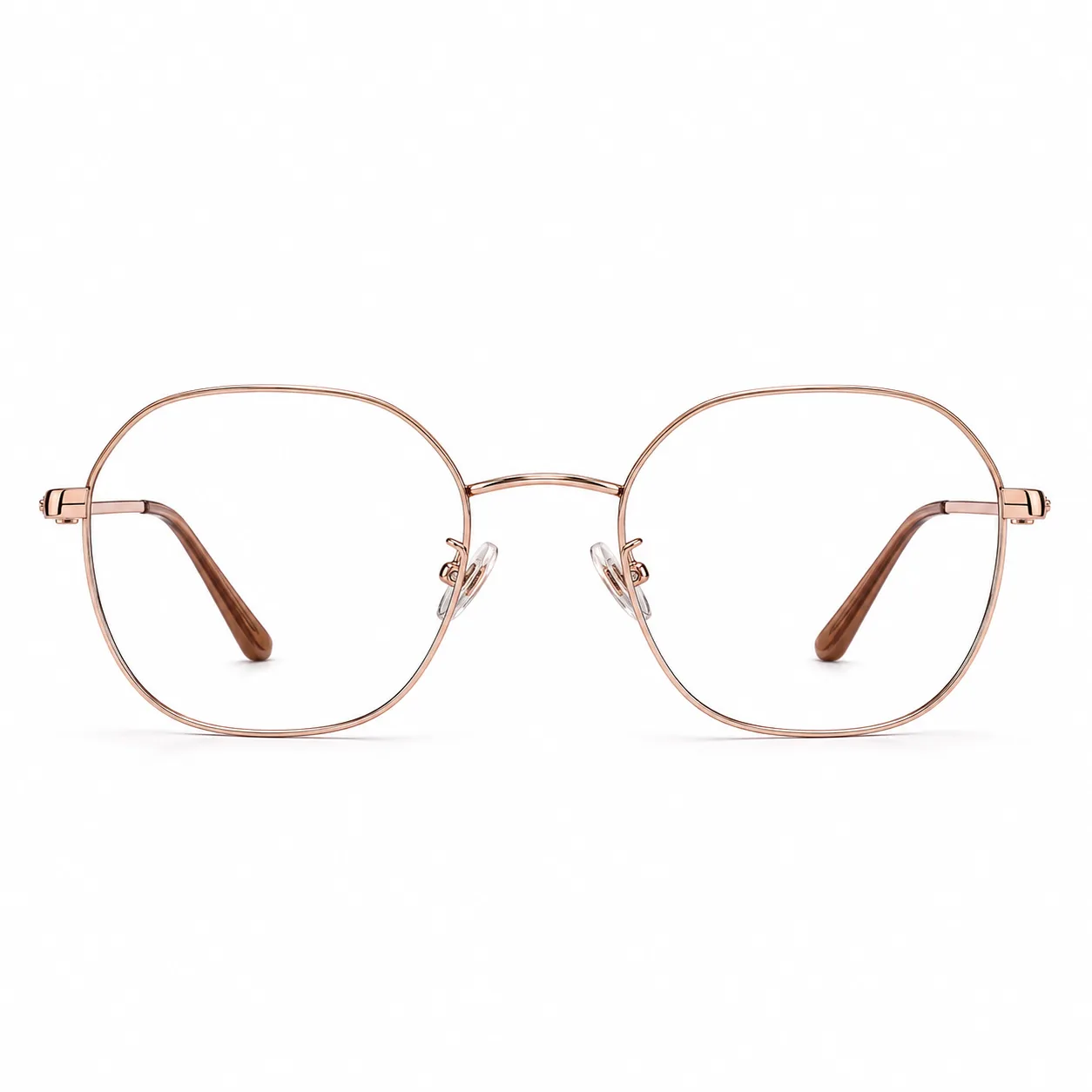 金属细框眼镜白底产品摄影，玫瑰金色金属丝边正面斜俯视特写