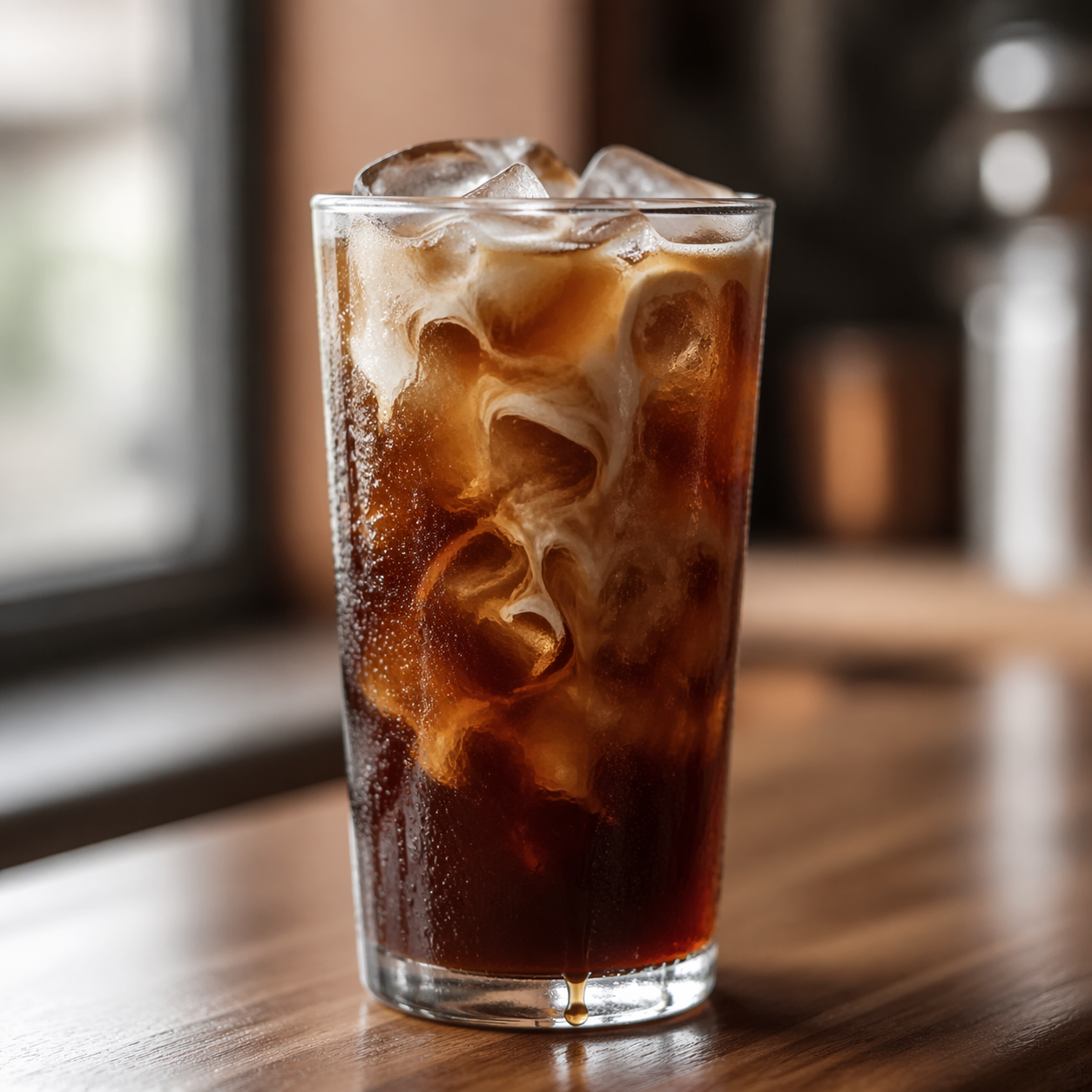 透明玻璃杯中冰美式咖啡自然冰块水珠凝结在杯壁木质吧台柔光窗边