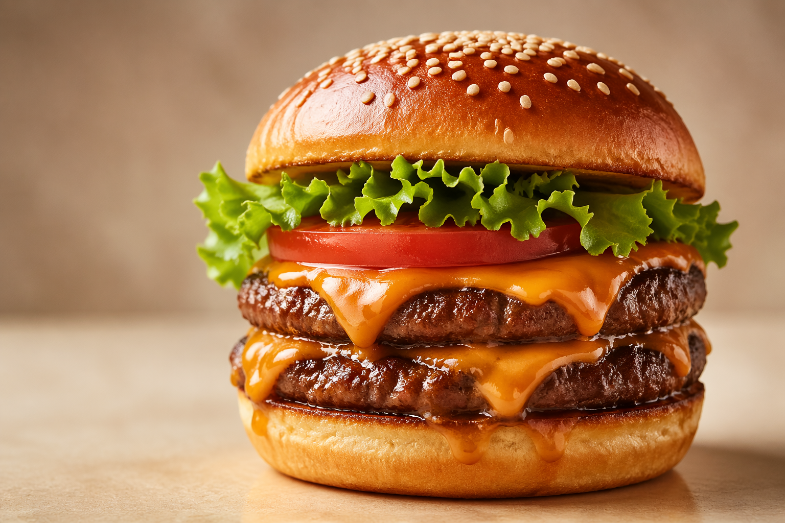 外卖平台风格汉堡封面高饱和暖光洋葱芝士牛肉饼芝麻面包商业美食摄影