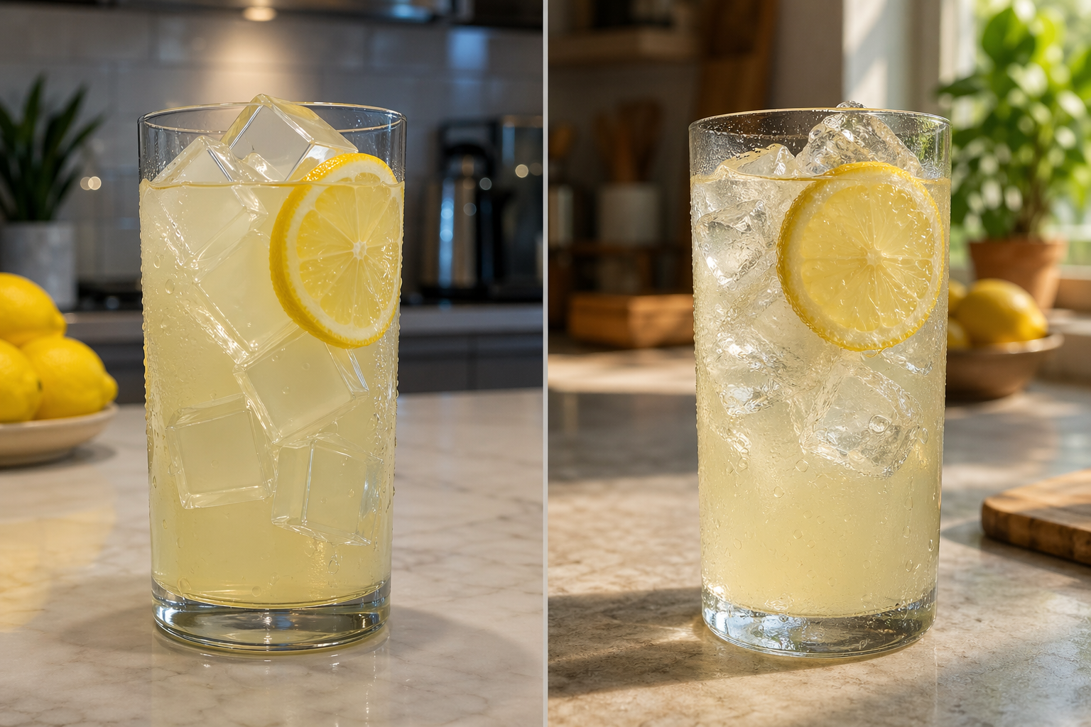 左右对比图左边 AI 失败冰块像塑料右边成功自然冰块真实水珠柠檬片