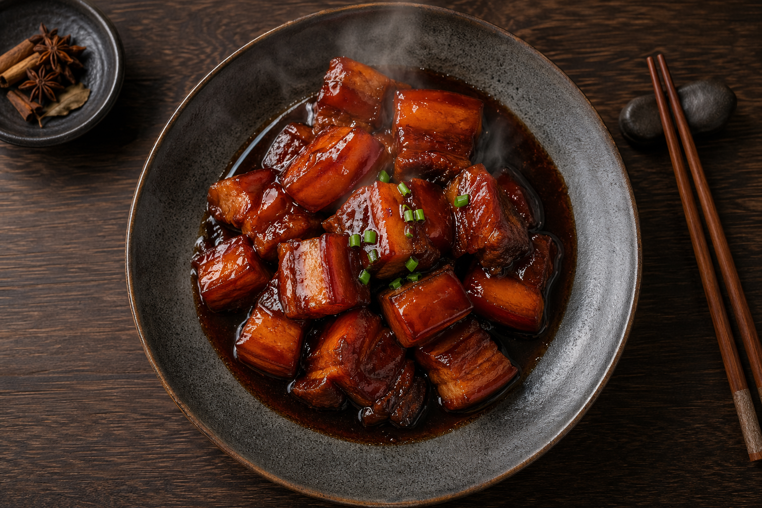 深色陶瓷盘上精致中餐菜品俯拍商业摄影顶光柔和木质餐桌