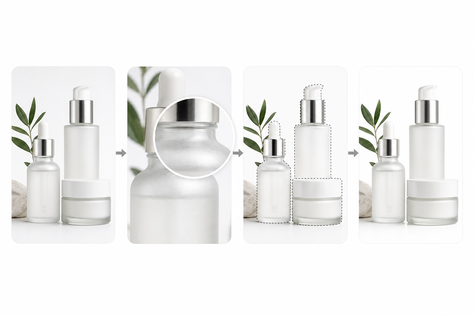 4K 出图到 PS 局部精修的 4 步示意：白底化妆品瓶 / 精华液 / 面霜罐并排呈现"AI 出 4K 底图 → PS 放大检查 → 蒙版选区修边 → 成品"的视觉演进