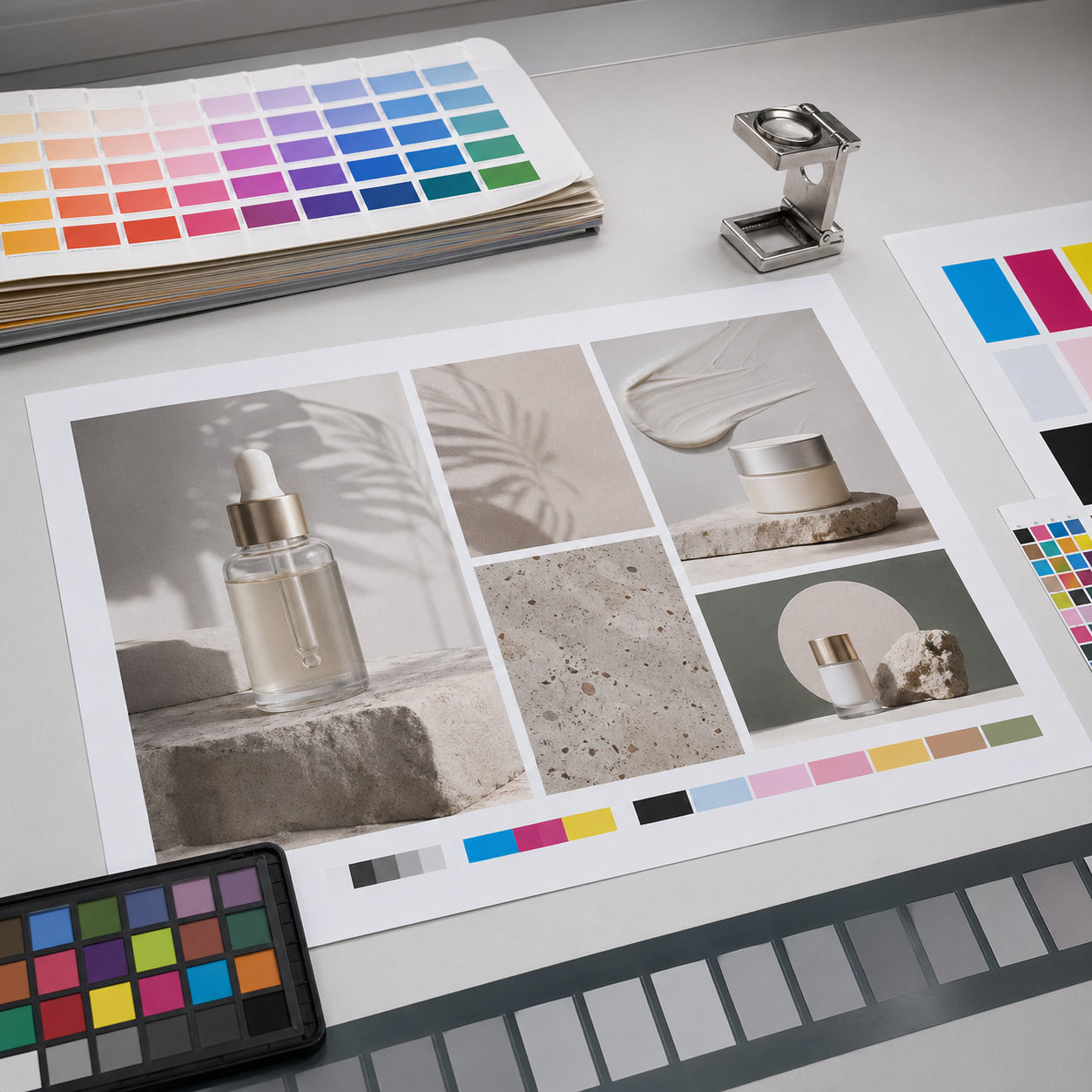 印前打样工作台：A3 海报样稿铺在桌上，旁边是 Pantone 色卡、CMYK 四色对比卡和放大镜，校色台均匀冷白光