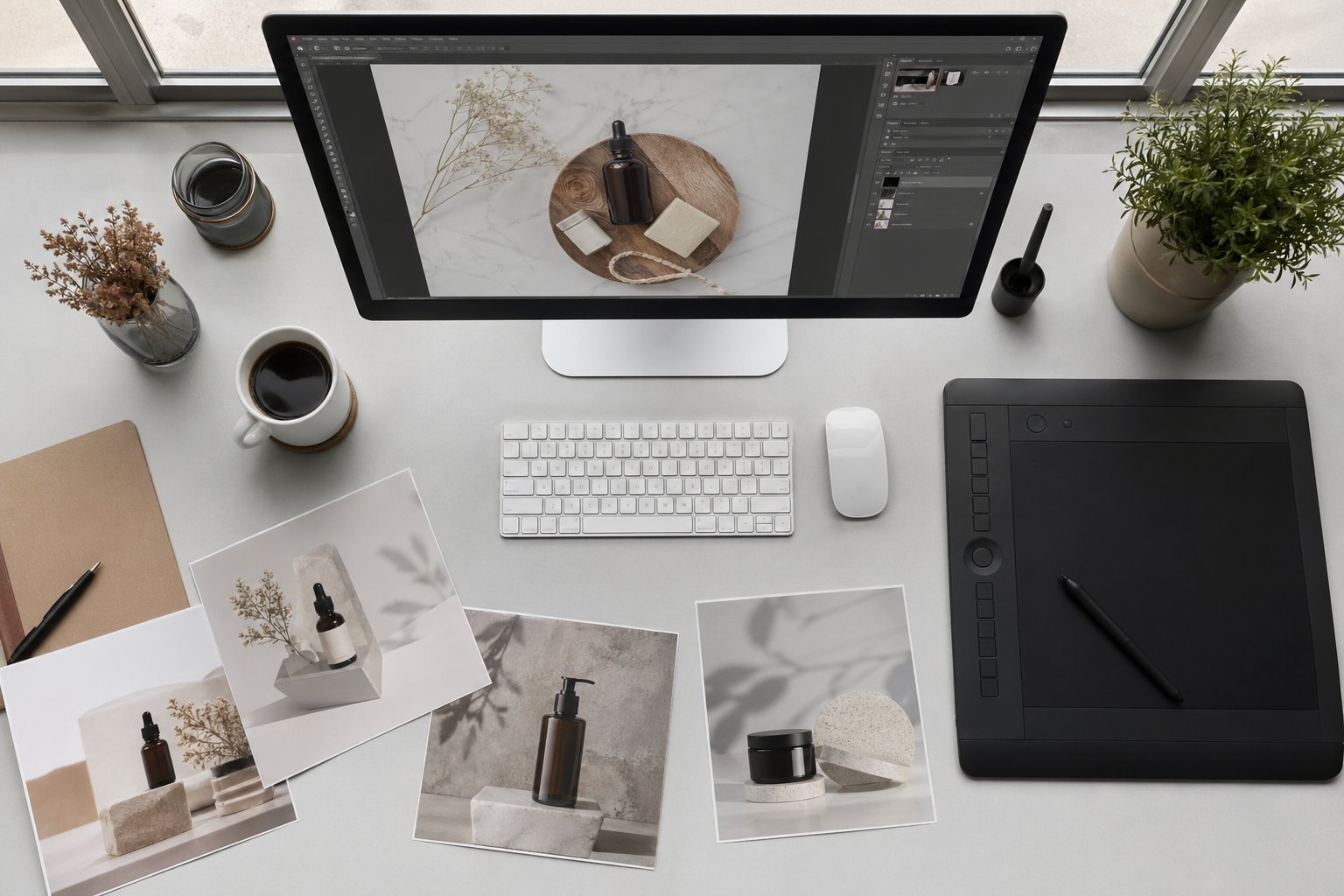 桌面工作场景：27 寸显示器开着 Photoshop 修商品图、旁边一台 Wacom 绘图板、几张打印的电商样图散在桌上、一杯咖啡