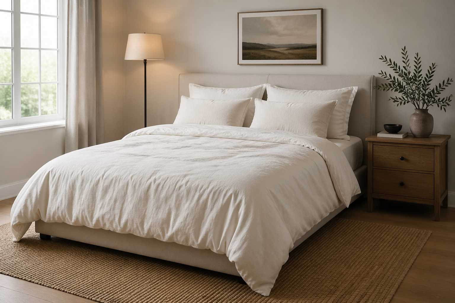 卧室场景：1.8 米双人床配床头柜和落地灯，床品米白色纯棉带轻微褶皱，侧窗透入柔和光线