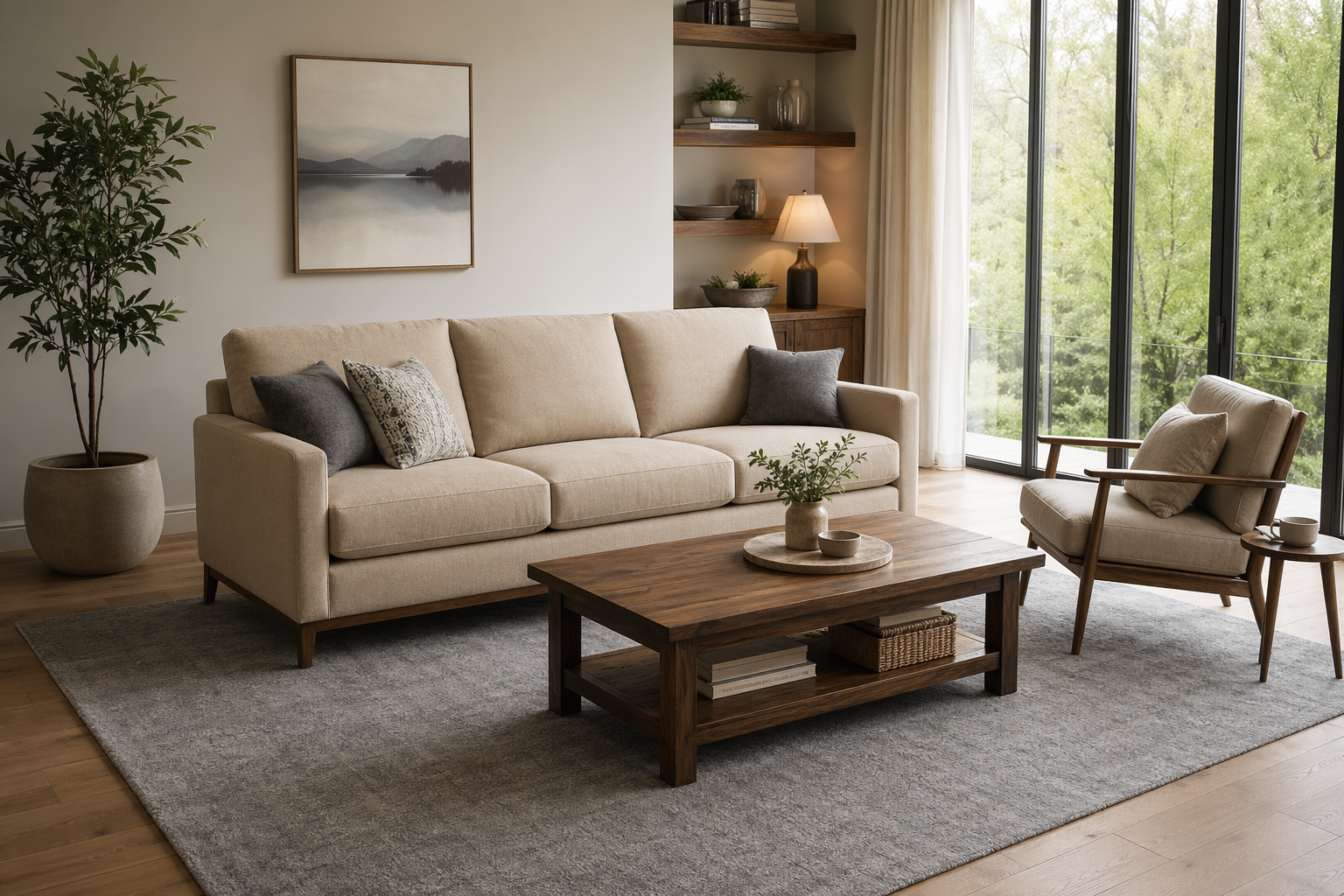 现代客厅全景俯斜视角，米色三人沙发配实木茶几，灰麻地毯覆盖沙发区，侧面落地窗透进自然光