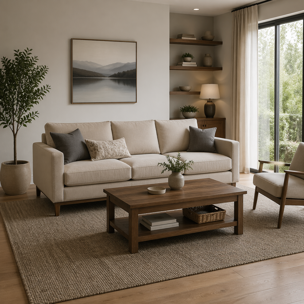 比例失真对比：左图沙发偏小像单人款尺寸错位，右图沙发比例正常与茶几地毯形成合理空间关系