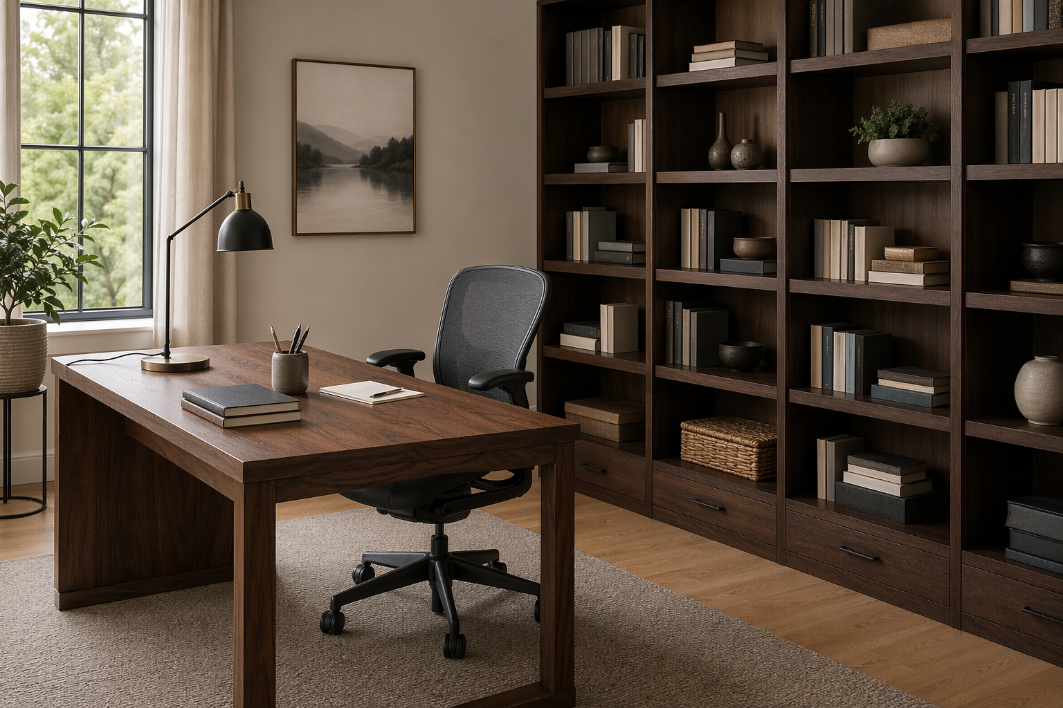 书房场景：实木书桌配人体工学椅，右侧深色木书架纵深充足可容大部头书籍，侧窗自然光