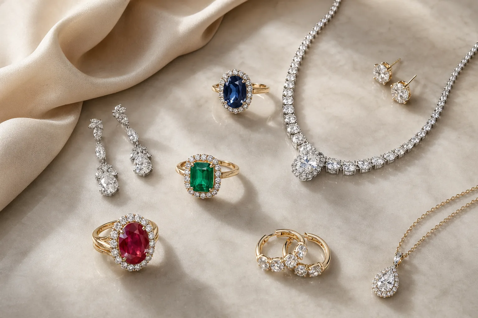 一组高级珠宝首饰在大理石与绸缎背景上平铺的 lookbook 样式商业摄影图