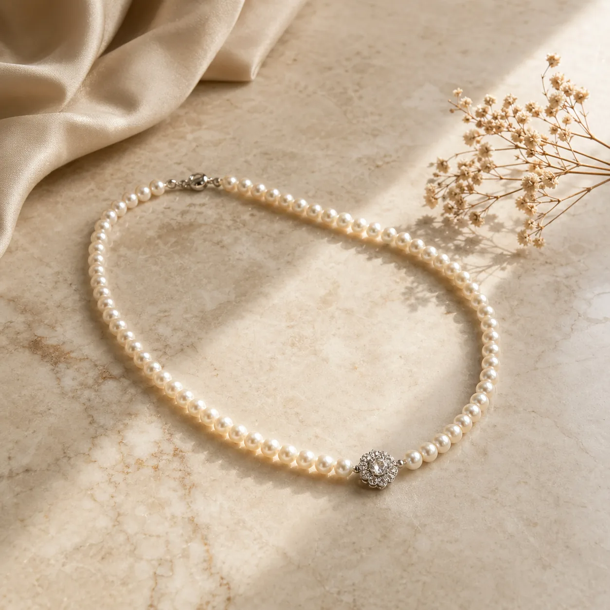 一条精致的珍珠项链铺在浅米色大理石台面上搭配干燥花道具的极简商业摄影场景图