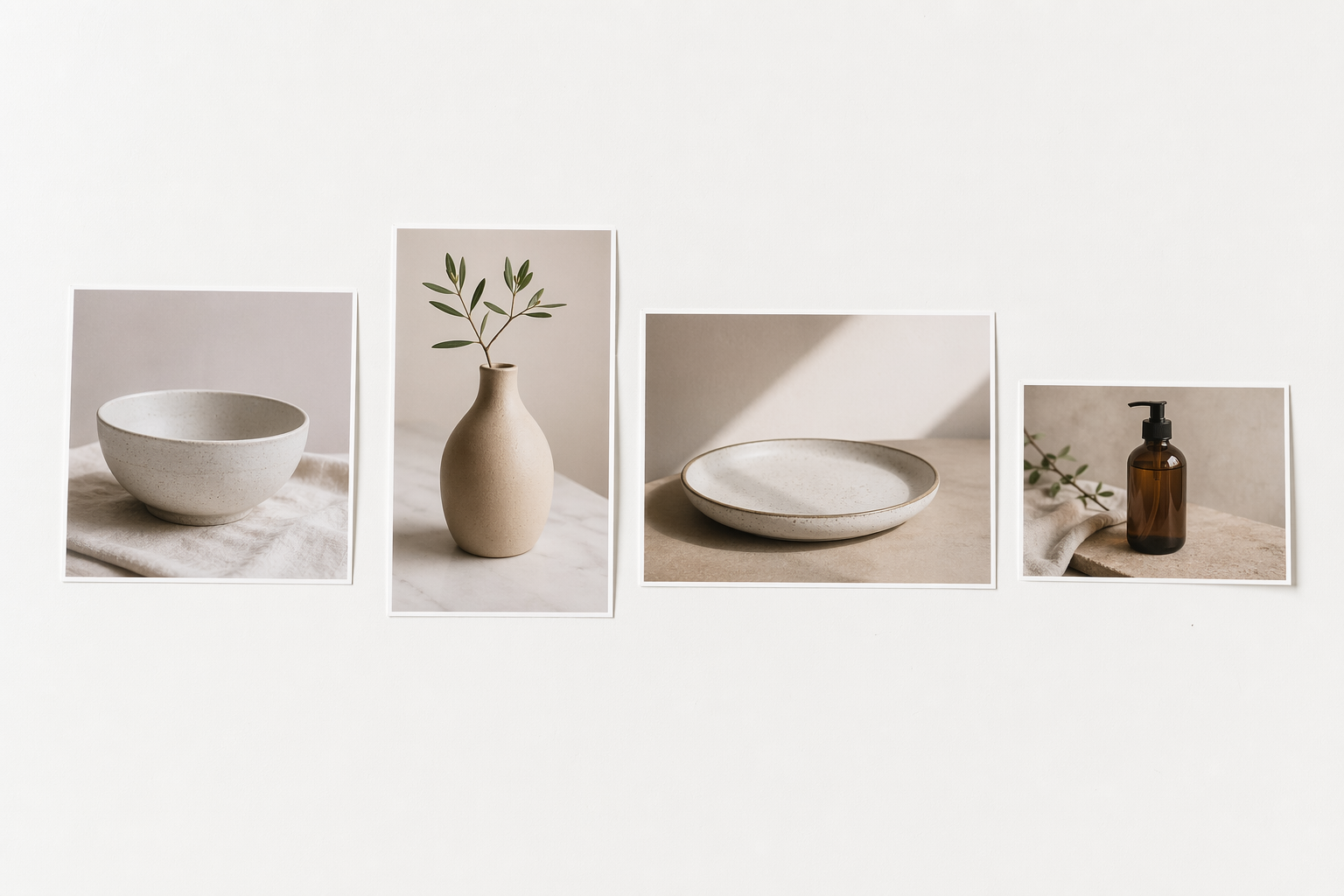 白色桌面上 4 张打印出来的商品样图一字展开，展示 4 种不同比例