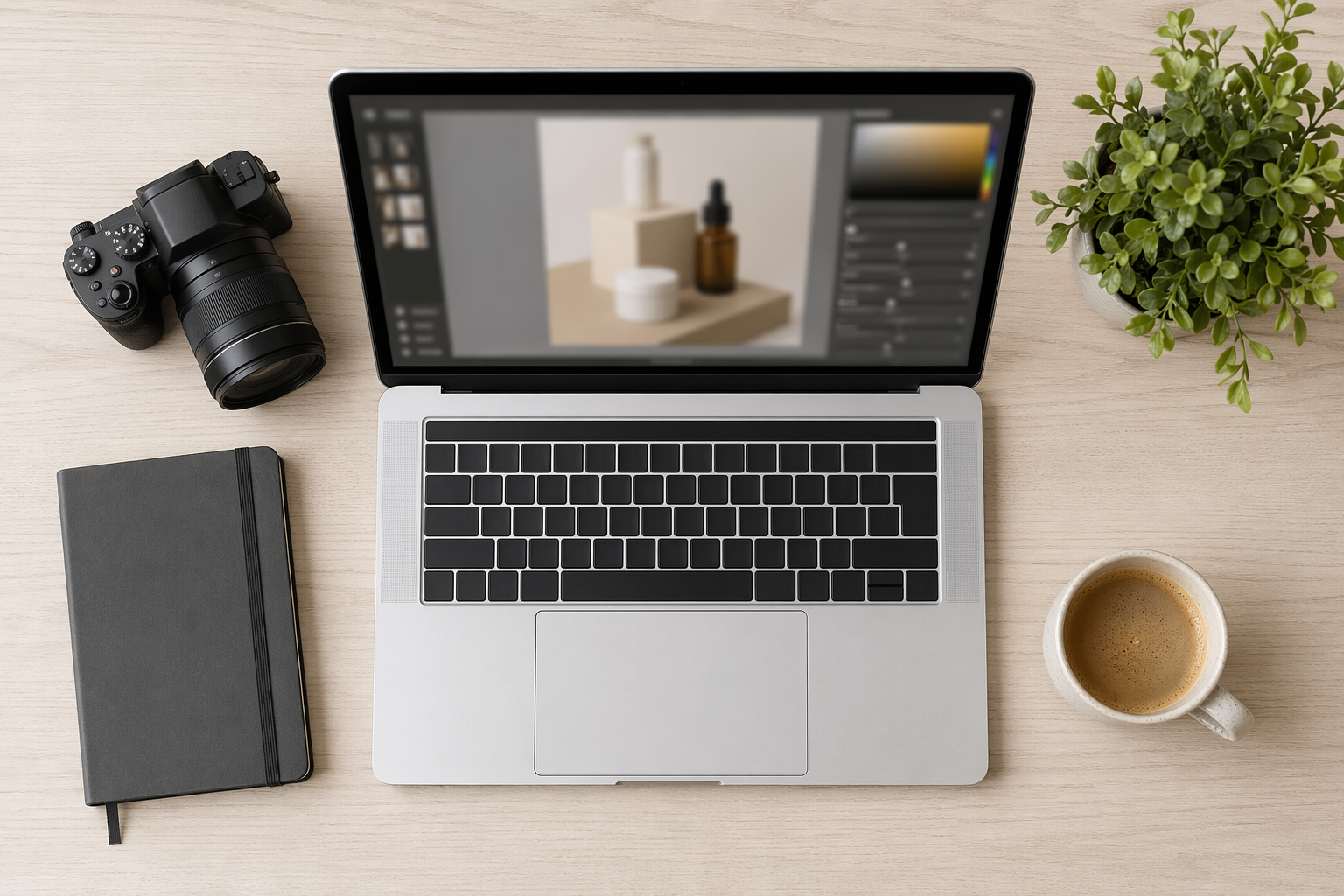 现代工作桌面俯拍，银色笔记本电脑屏幕上显示商品精修界面，桌边有相机、笔记本、咖啡杯