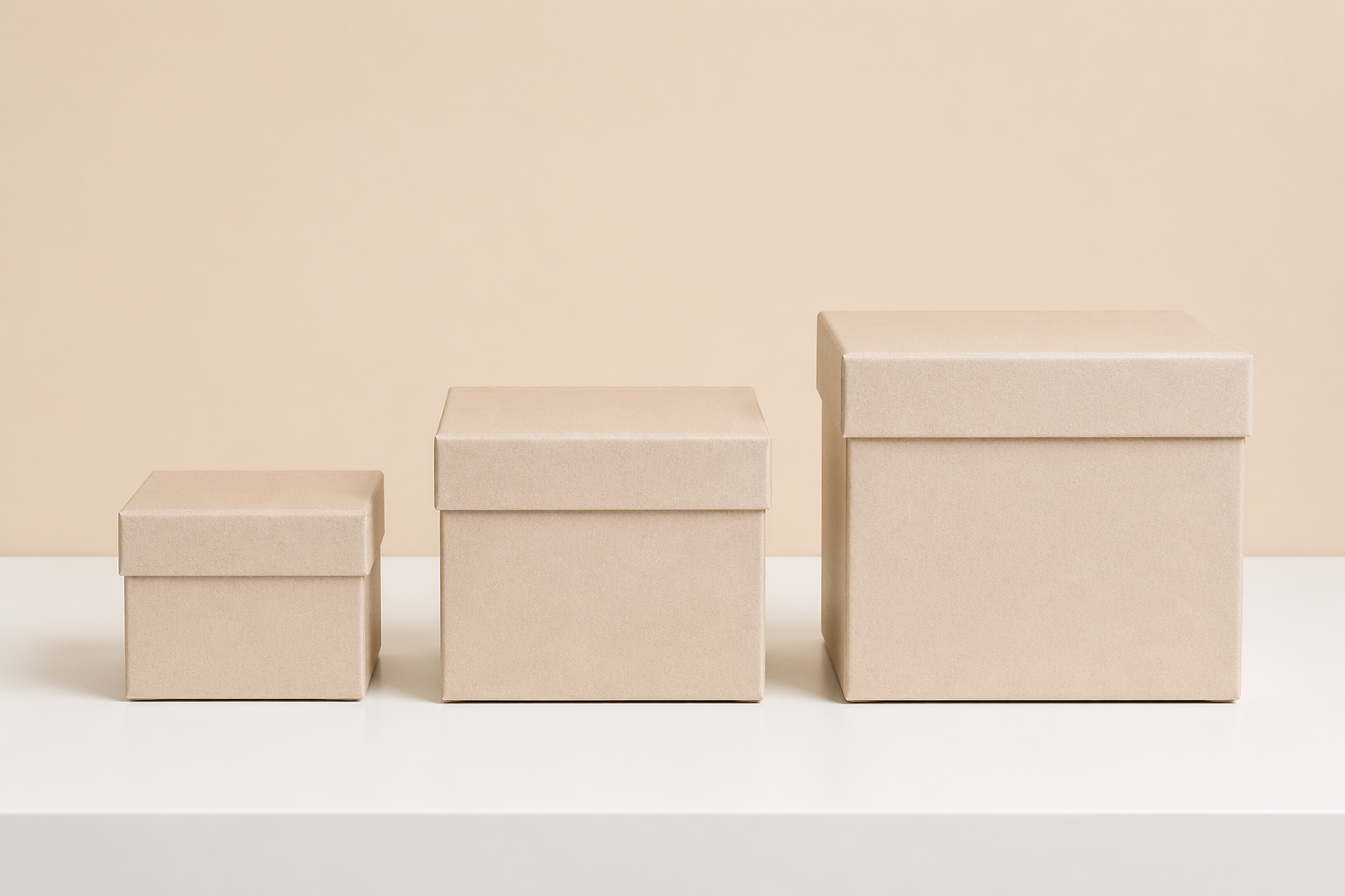 白色桌面上 3 个大小递增的米色精致礼品盒并排摆放，暗示 3 档套餐