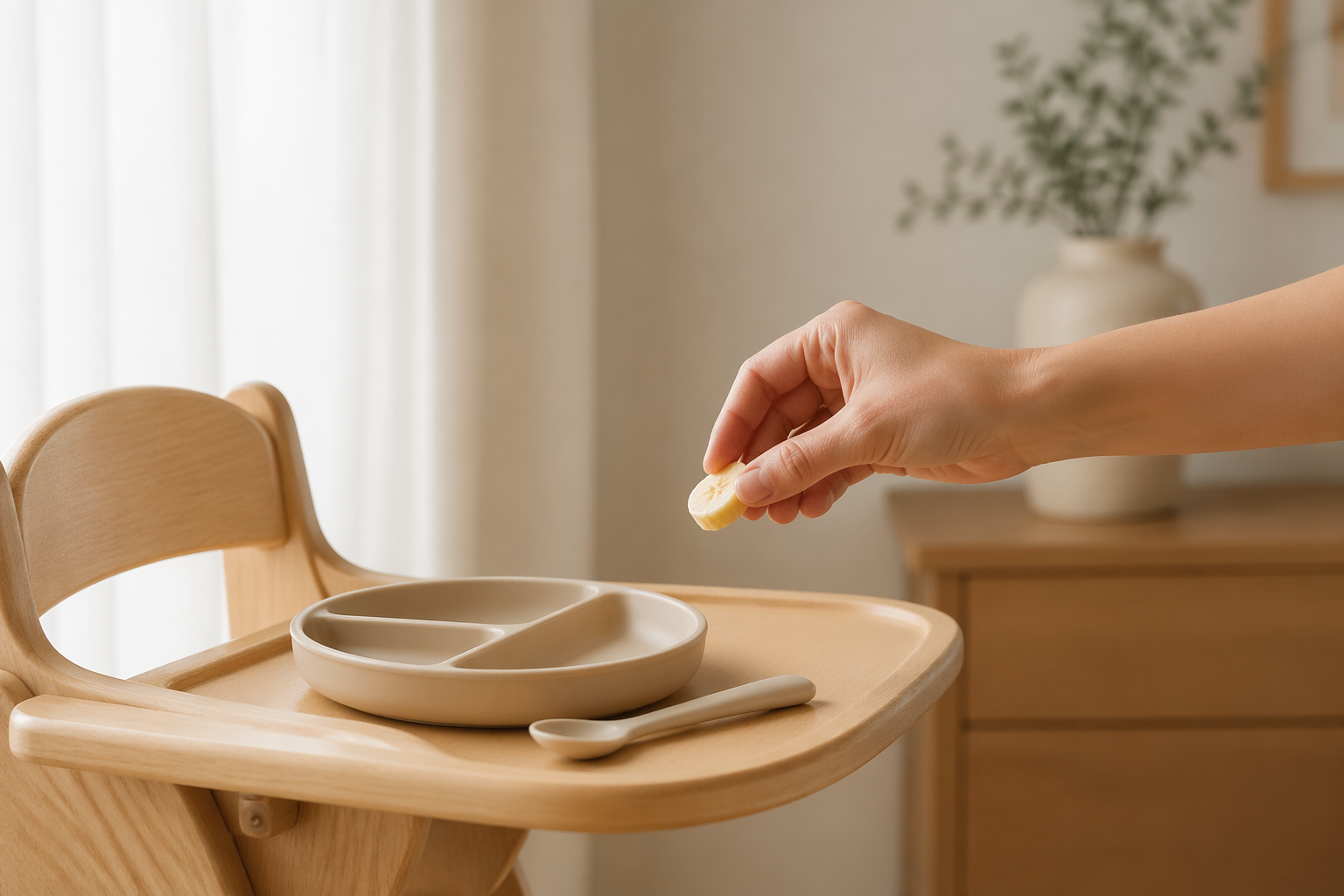 米色婴儿餐椅托盘上放着分格餐盘和硅胶勺旁边是成人手部递水果