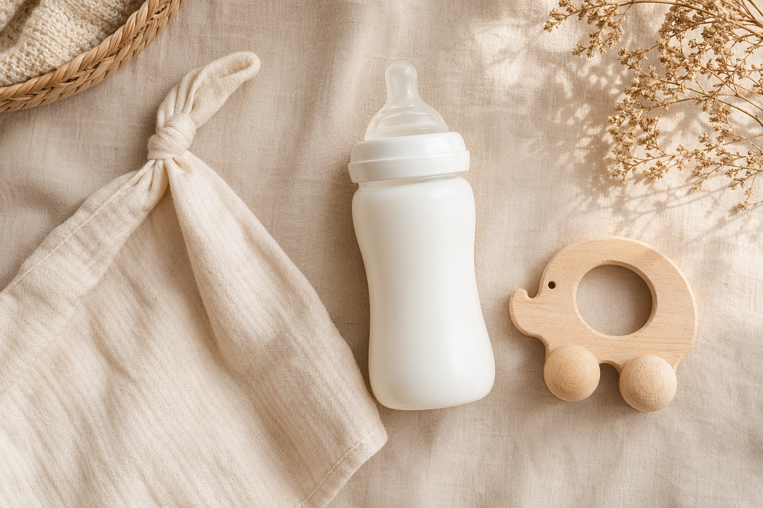 米色亚麻桌布上摆着奶瓶安抚巾和木质小象早教玩具的婴儿用品合集