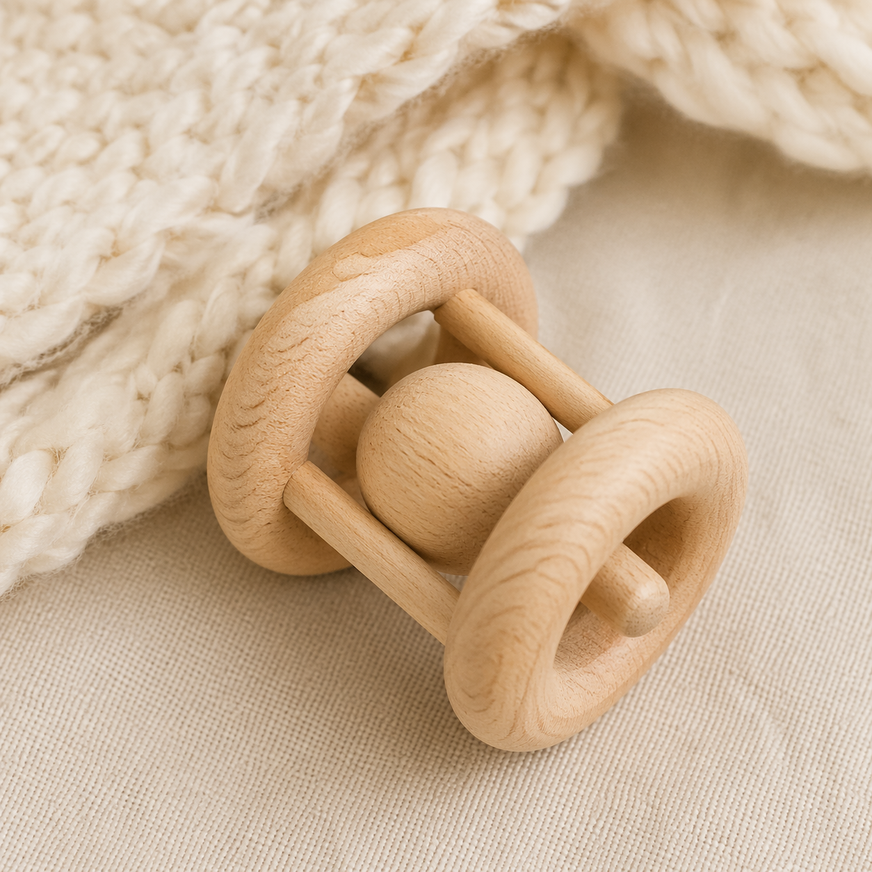 原木色小木扣环玩具在奶白色羊毛毯上的特写木纹清晰可见