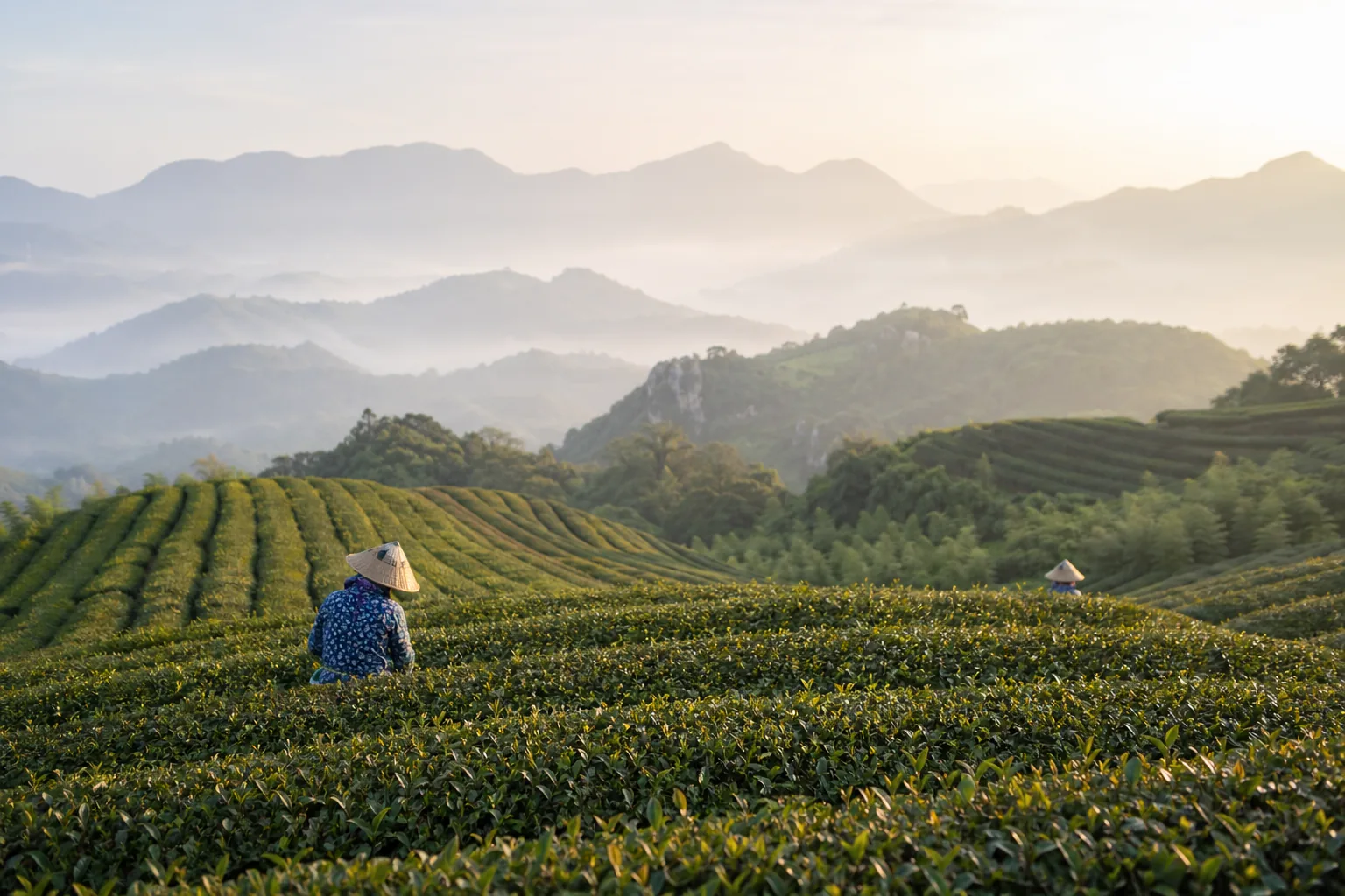 江南丘陵茶园清晨场景，远山薄雾前景茶垄整齐