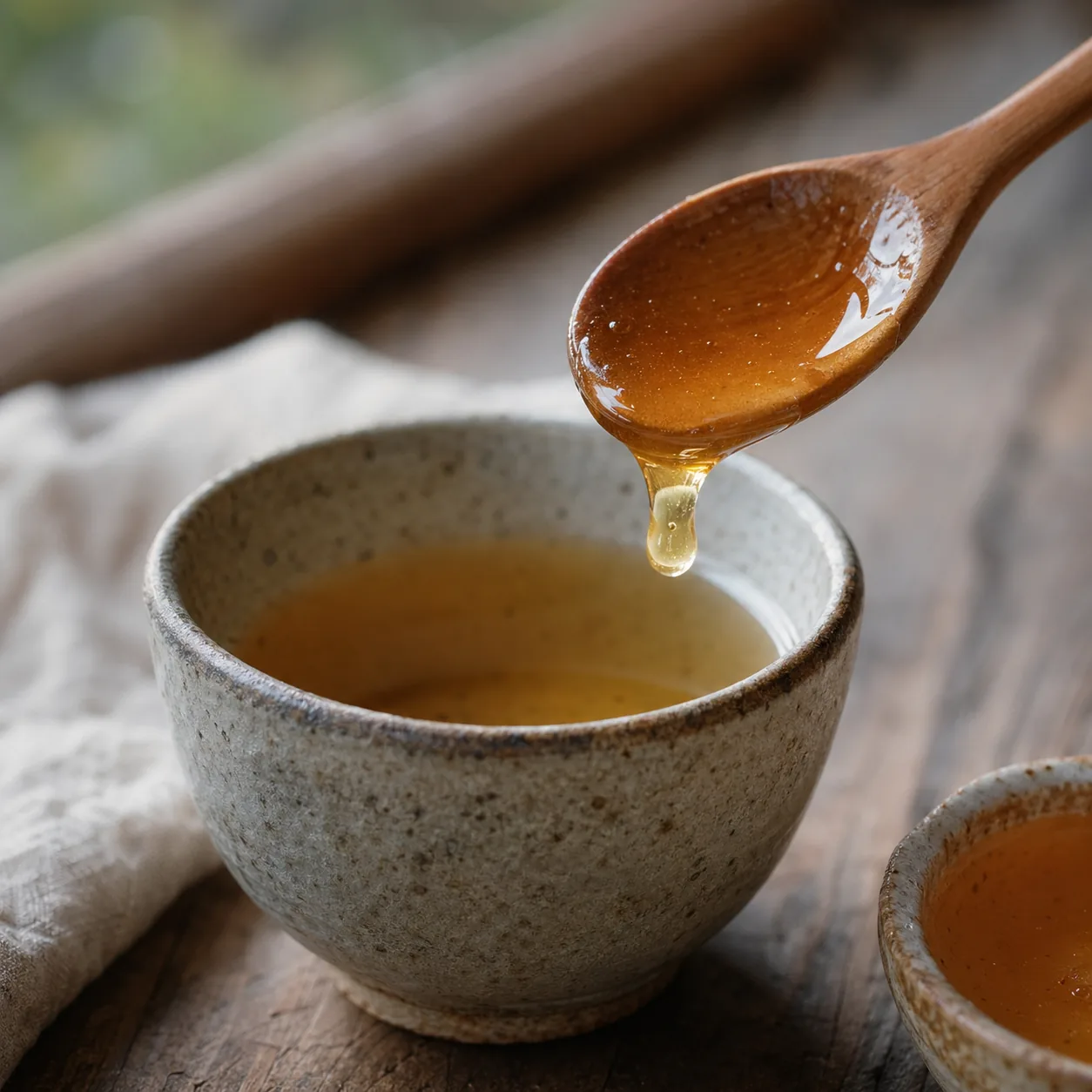 粗陶茶杯里清茶半盏，旁边木勺舀蜂蜜的窗边晨光近景