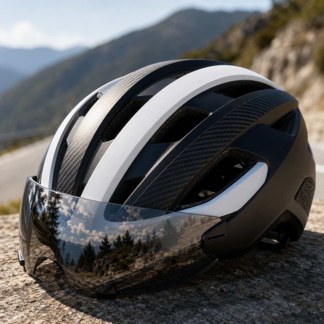 公路骑行头盔近景特写哑光黑白双色通风孔清晰户外自然光