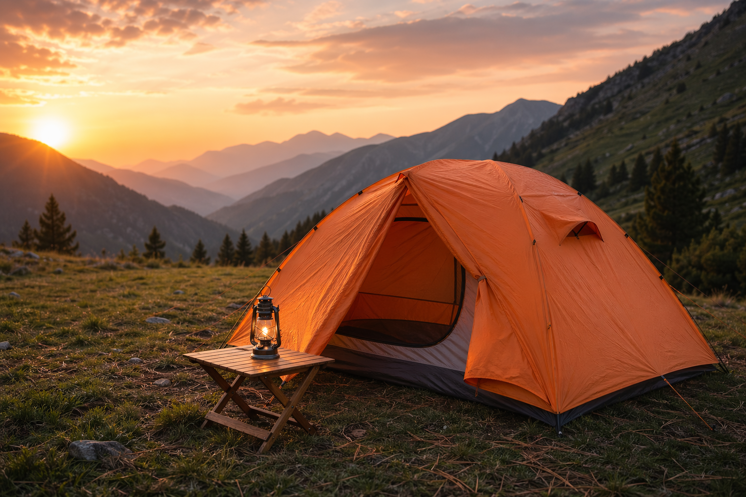 橙色双层帐篷搭在青山脚下草地上夕阳金色侧光洒进画面