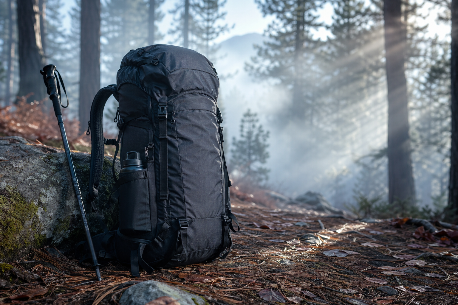 60L 登山背包在松针覆盖的森林小径上清晨薄雾透过斜射阳光