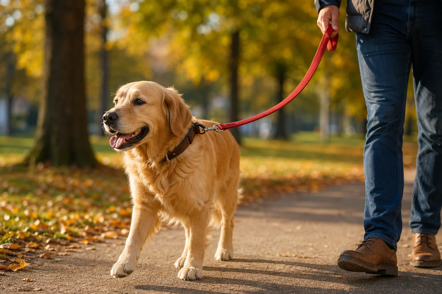 公园秋叶小径上金毛寻回犬戴红色牵引带和棕色皮质项圈主人跟随散步