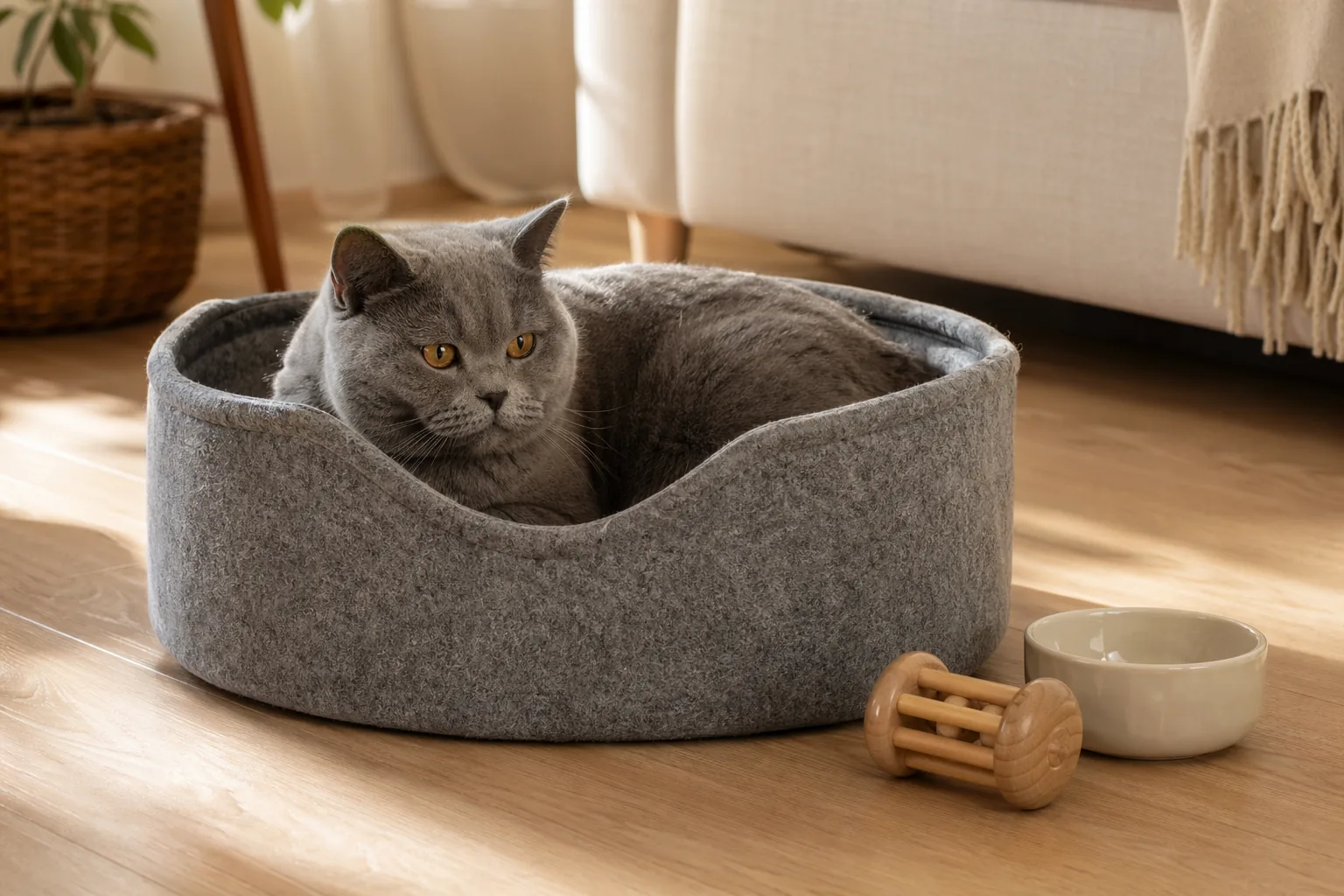 温馨客厅里英短猫趴在羊毛猫窝中旁边摆米白色陶瓷猫碗和木质玩具