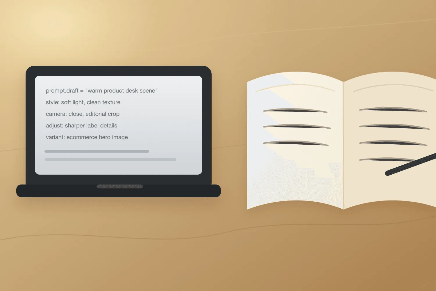 桌面工作场景示意：笔记本电脑上写满了 prompt 草稿，一旁是手写笔记本和咖啡杯