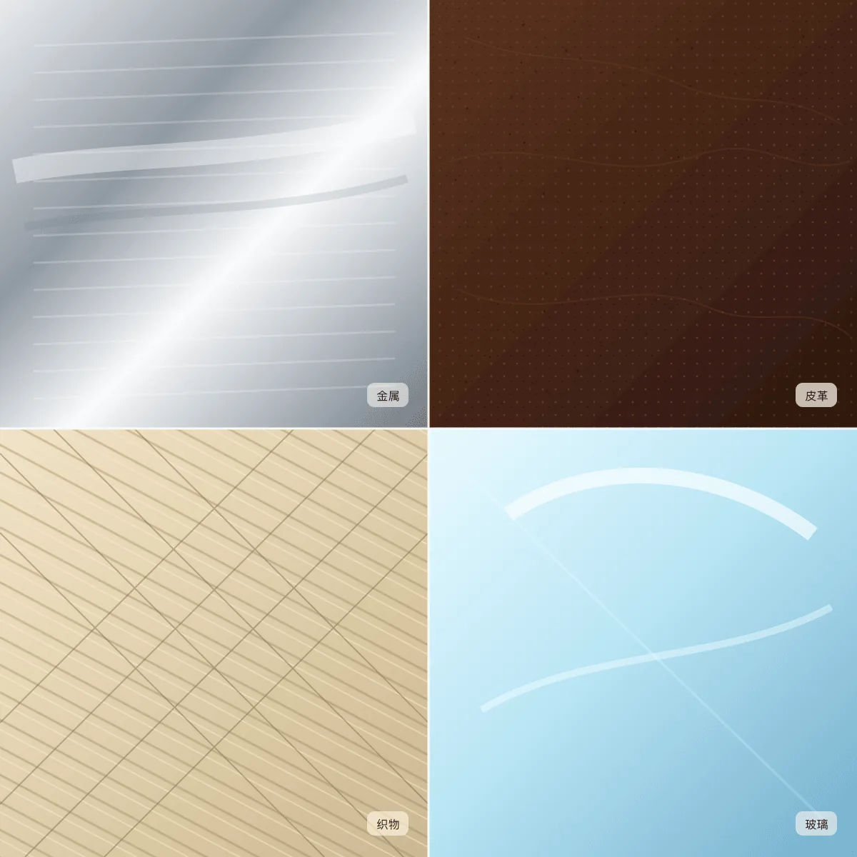 四种材质纹理特写示意：金属、皮革、织物、玻璃 2x2 拼接