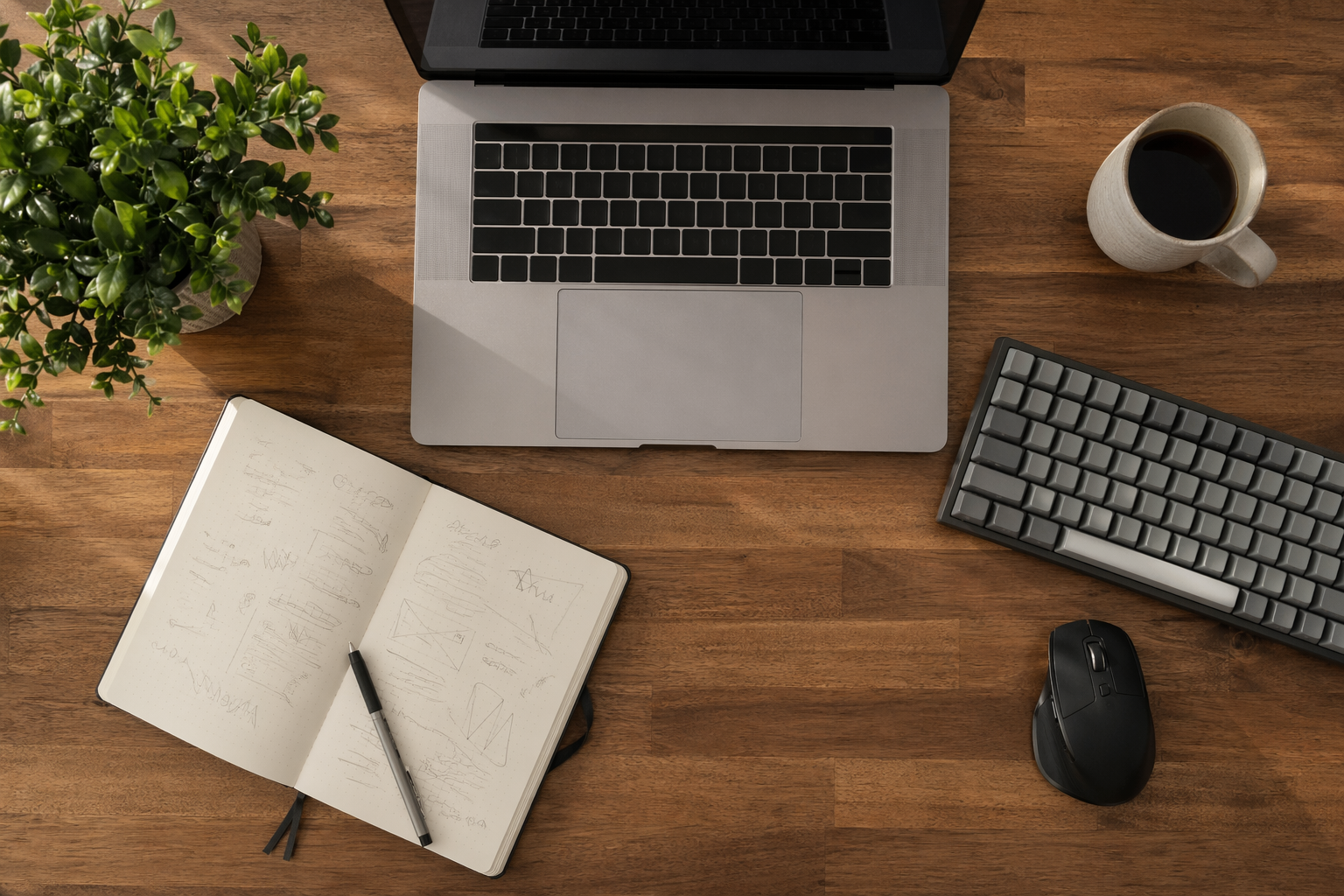 设计师工作桌面俯拍，木质桌面上笔记本电脑旁是写满 prompt 草稿的笔记本和咖啡杯