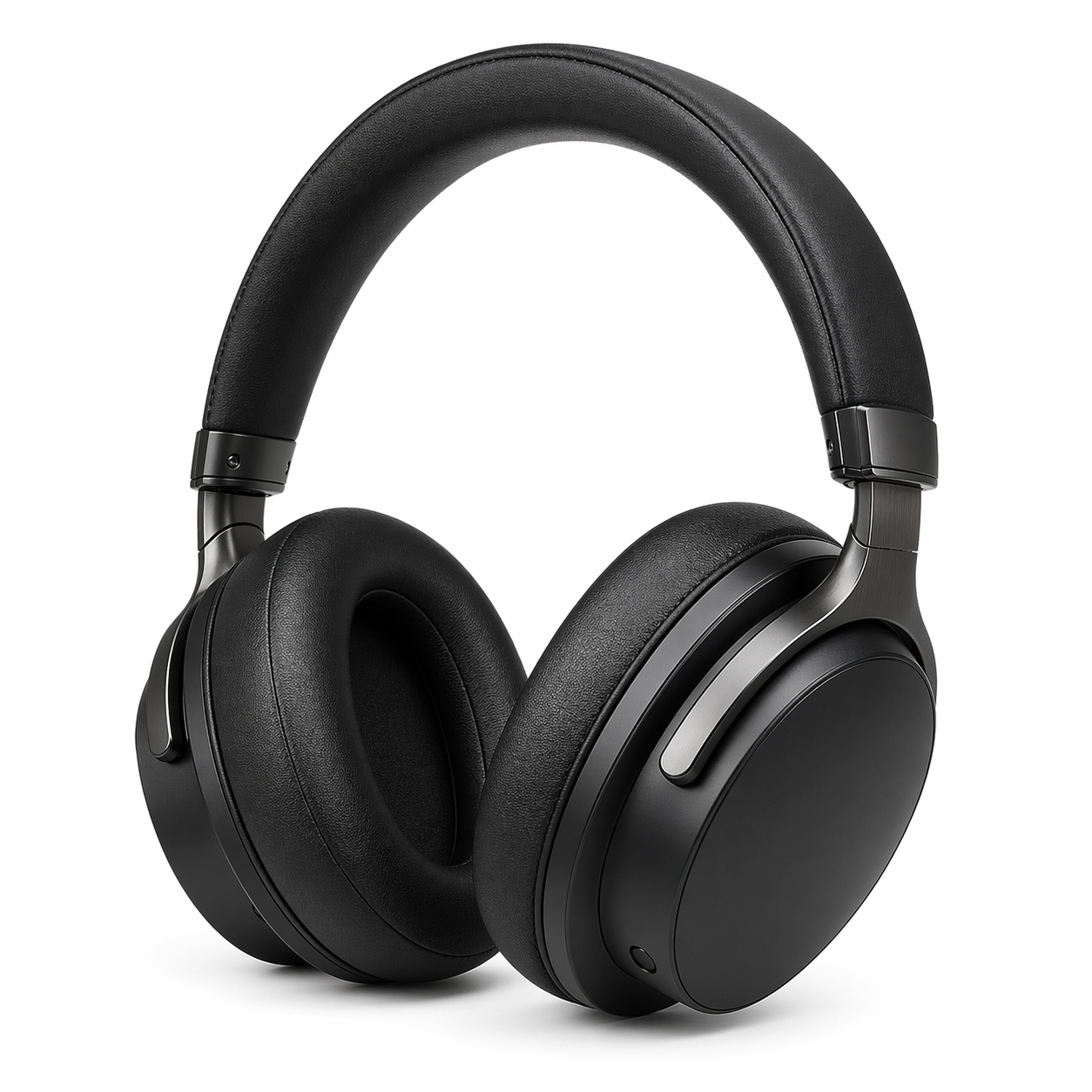 白底背景上一副高端黑色无线降噪耳机，柔和顶光和侧补光，纯商业摄影棚风格