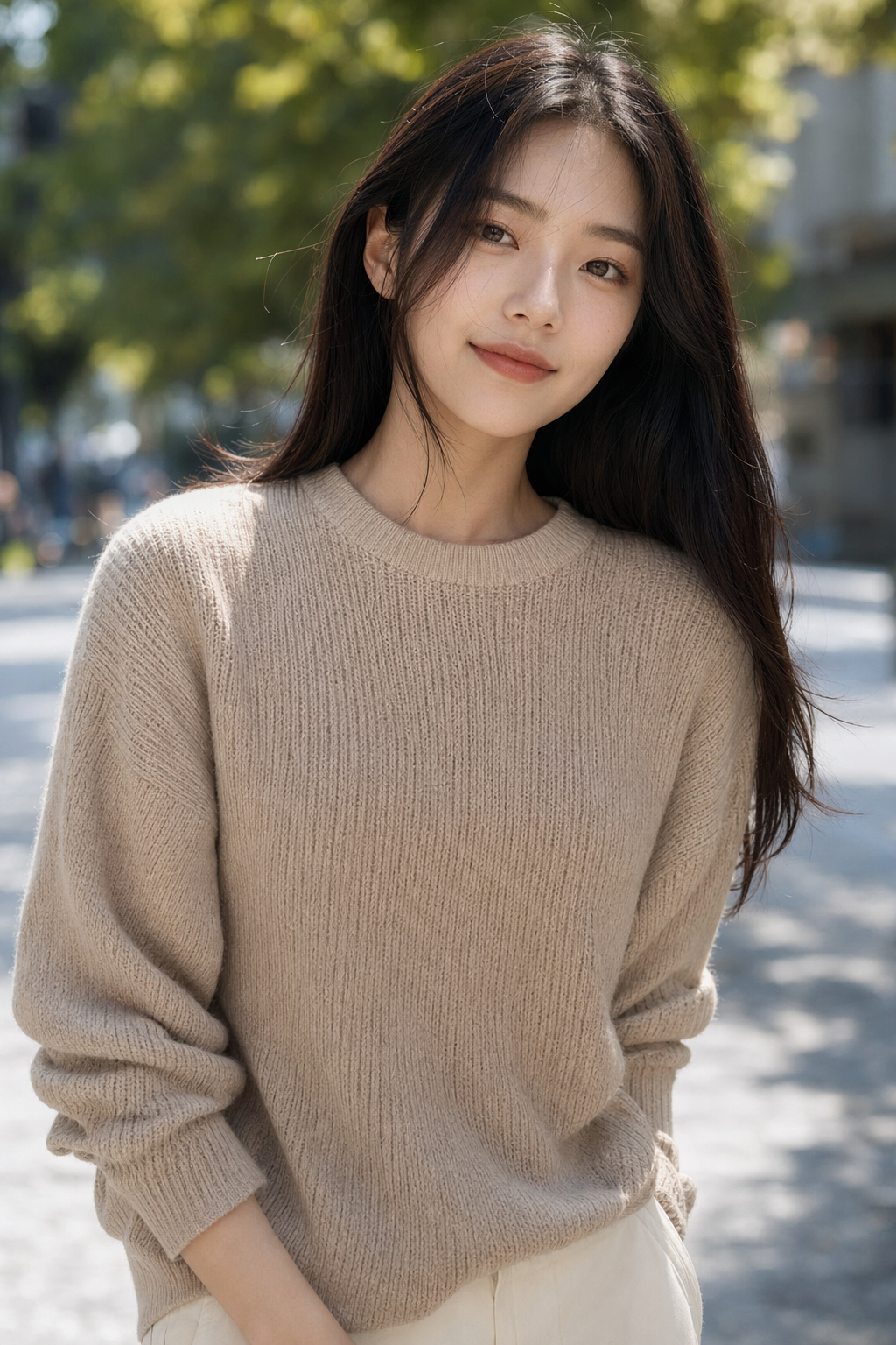 年轻亚洲女性模特户外自然光半身像，身穿米色针织衫，长发自然披散