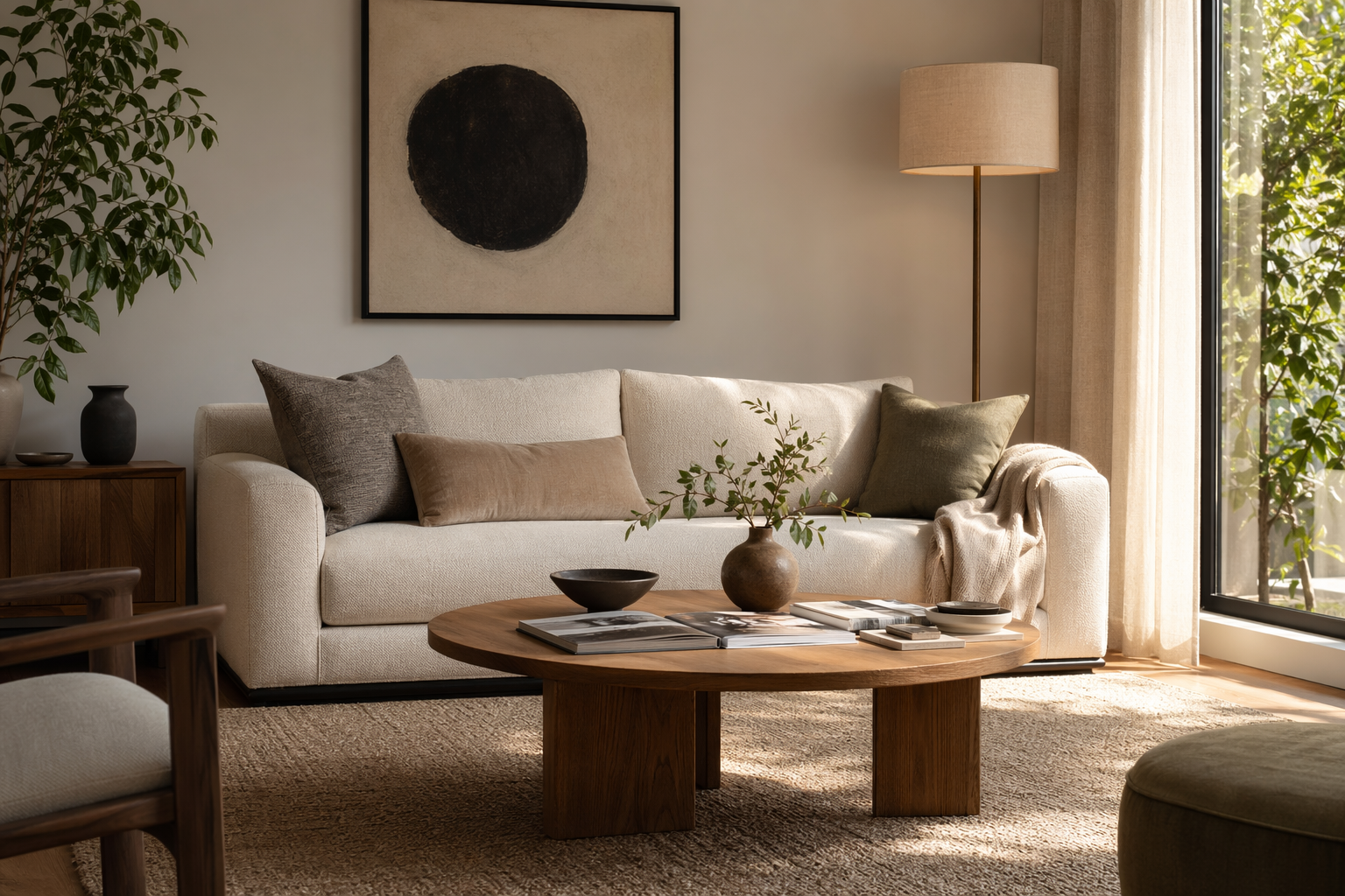 温暖自然光下的现代客厅，米白色布艺沙发、原木茶几、落地灯、地毯、窗边光斜射