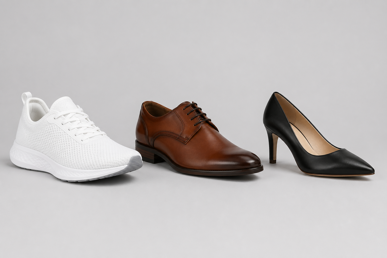 3 类典型鞋款商业摄影并排，运动鞋皮鞋高跟鞋同框