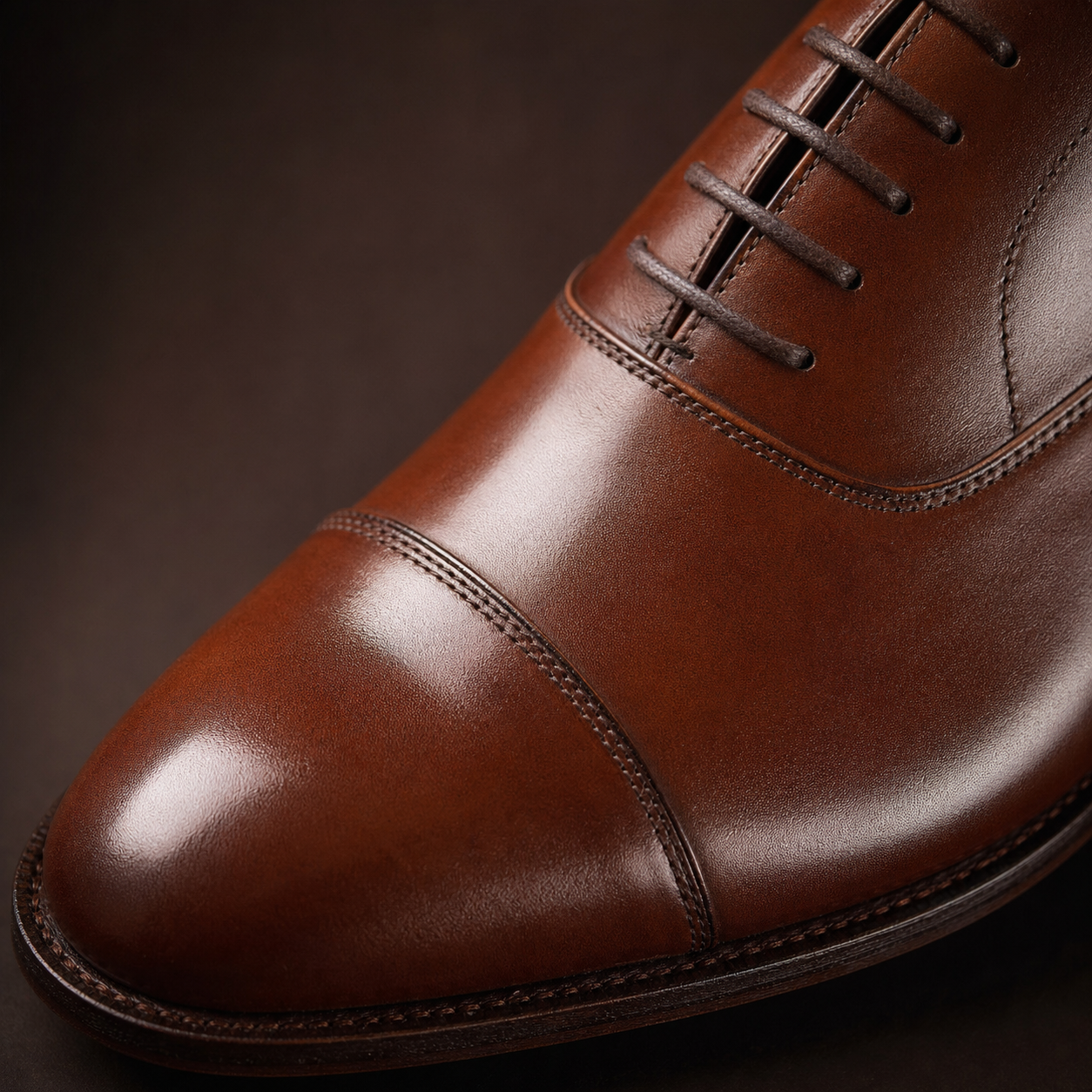 棕色皮鞋材质特写，皮革纹理与缝线清晰可见