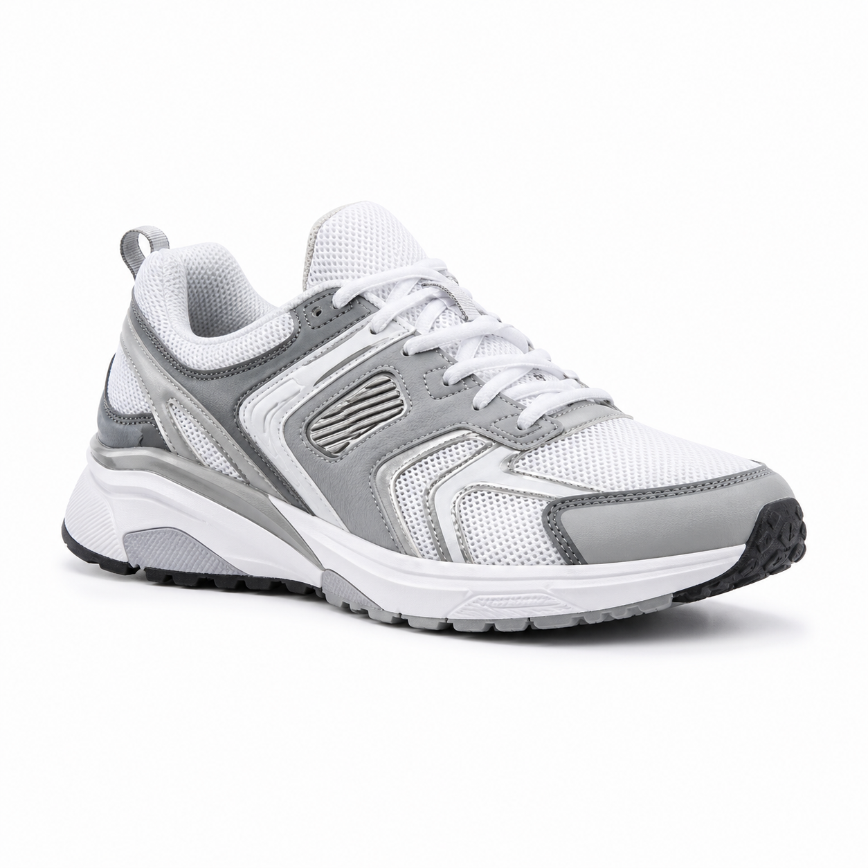 运动鞋白底主图，45 度侧视角，鞋底纹路清晰