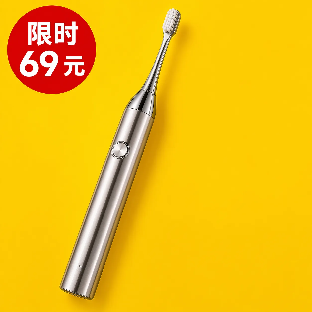 明黄色背景上一台金属色电动牙刷居中斜放，左上角红色圆标写着"限时69元"，右侧描边粗体标题"便携电动牙刷"