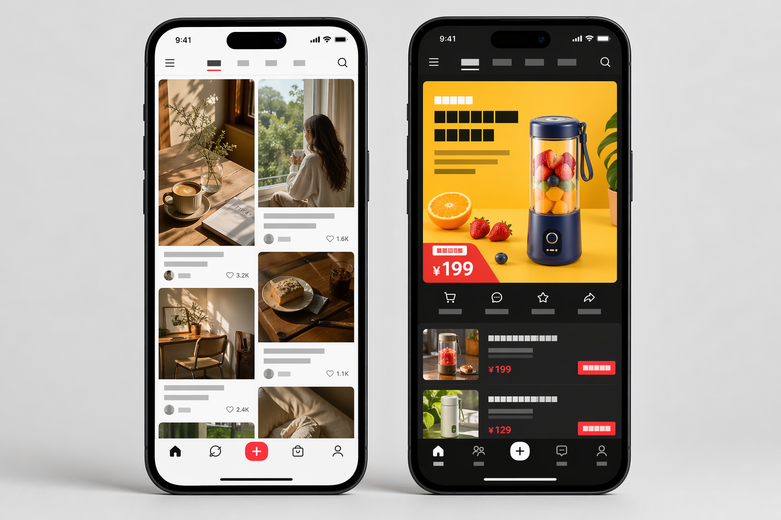 手机双屏拼图：左侧小红书首页瀑布流的竖版生活种草图，右侧抖音电商信息流的方形高饱和商品封面