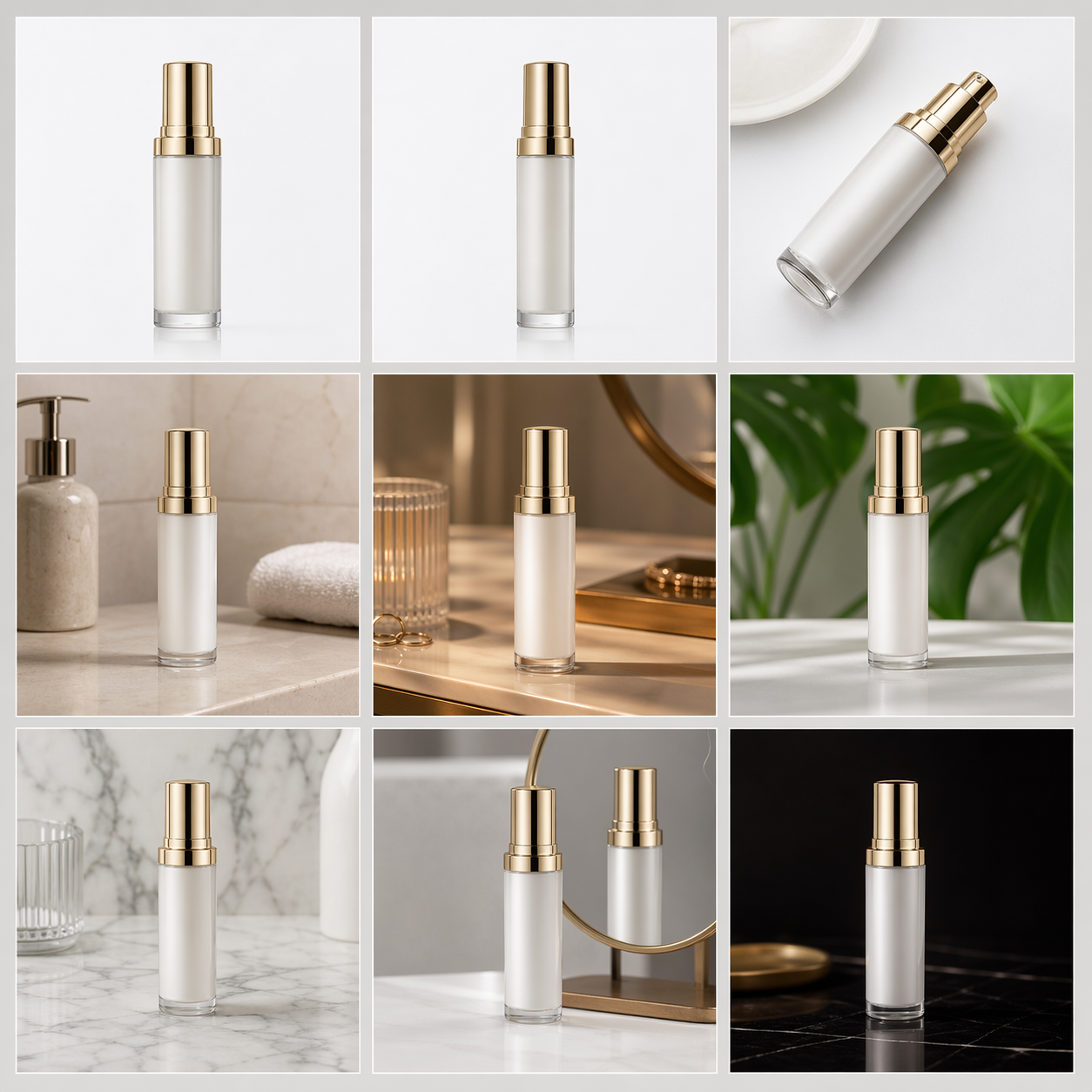 3×3 网格排列的 9 张同款高端护肤瓶商品图，覆盖白底、侧面、45 度、浴室台面、梳妆台、绿植、大理石、镜面、暗调背景 9 种场景