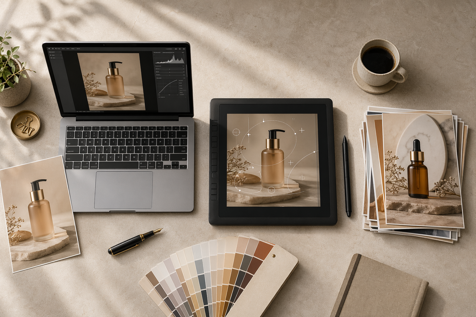 商业桌面上并排摆放的 3 种工作流场景，笔记本电脑旁的成品样图、数位板上的精修标注、等待批处理的商品照片堆