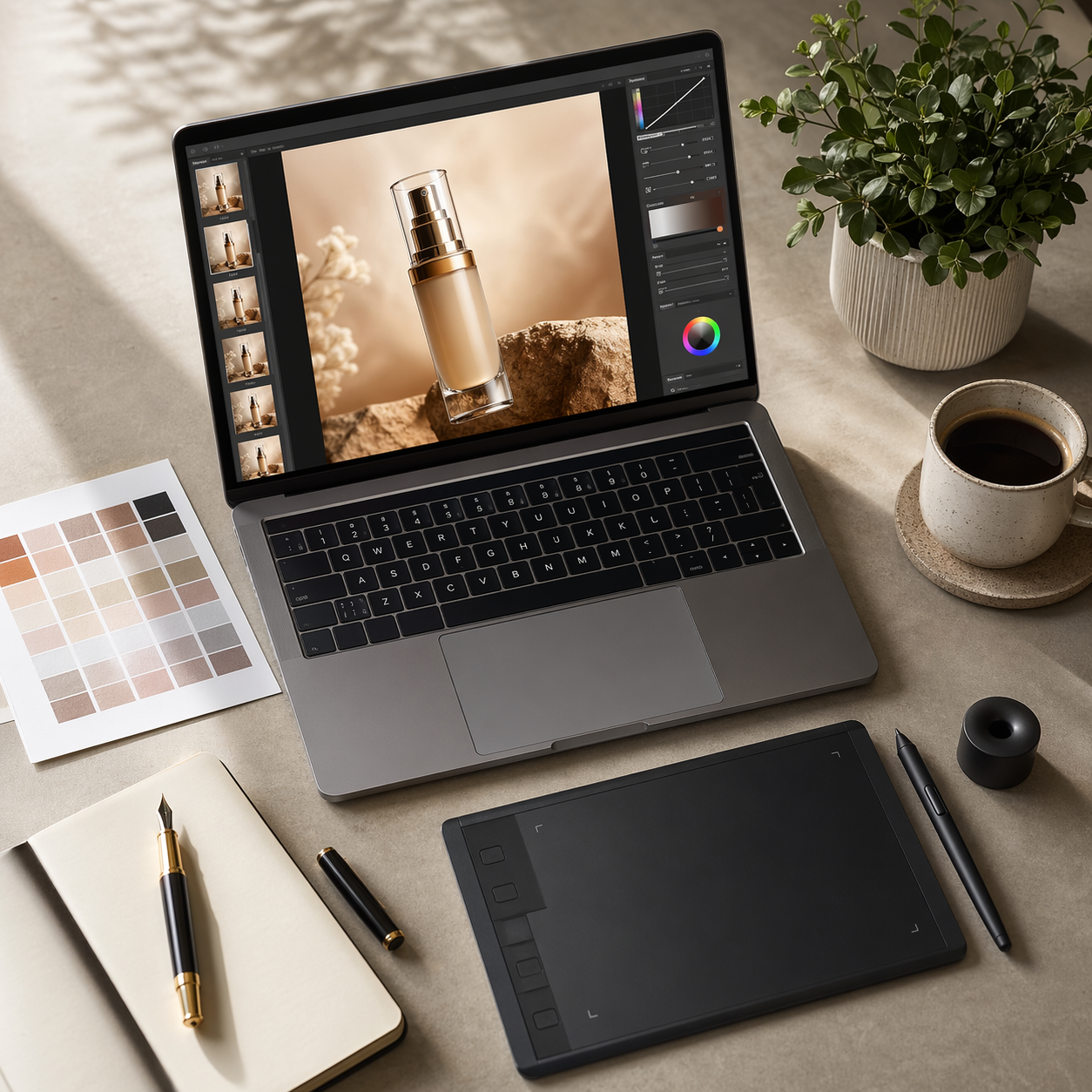 俯拍设计师工作桌面，笔记本屏幕正在精修一张化妆品瓶的商品图，桌边有手绘板、钢笔、色卡、咖啡杯和小盆绿植