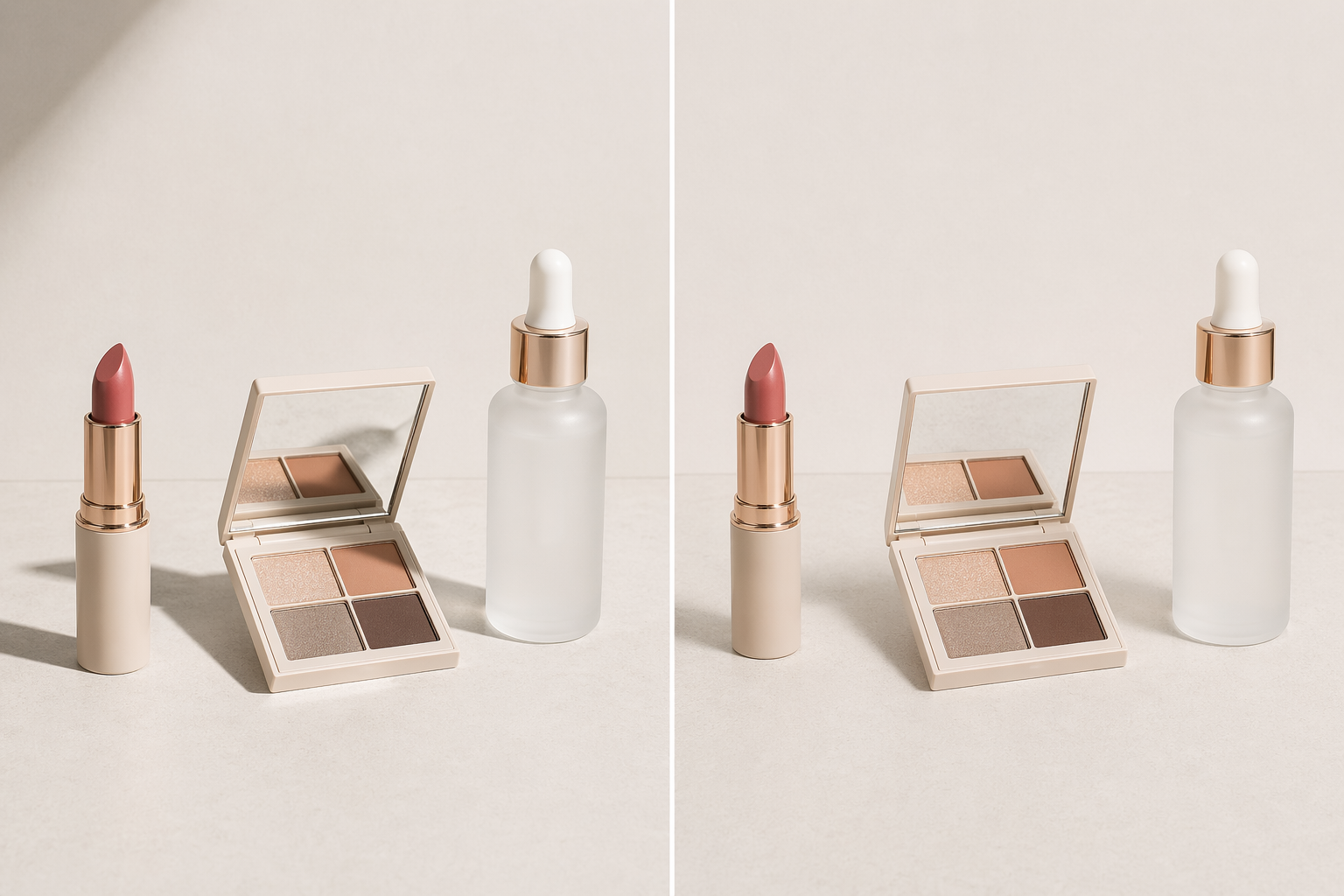 一组 3 张同系列产品图并排，第一张光源来自左上 45 度，第二张从右上 30 度，第三张几乎是正面平铺——阴影方向和强度完全对不上