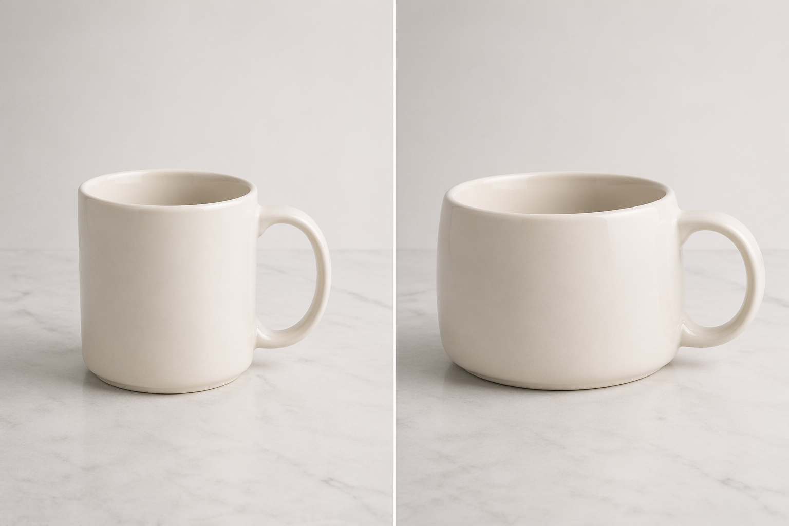 左侧是正常比例的圆柱形保温杯参考图，右侧是 AI 生成的同类产品但瓶身被拉长、瓶盖比例缩小、杯底透视出现明显错位